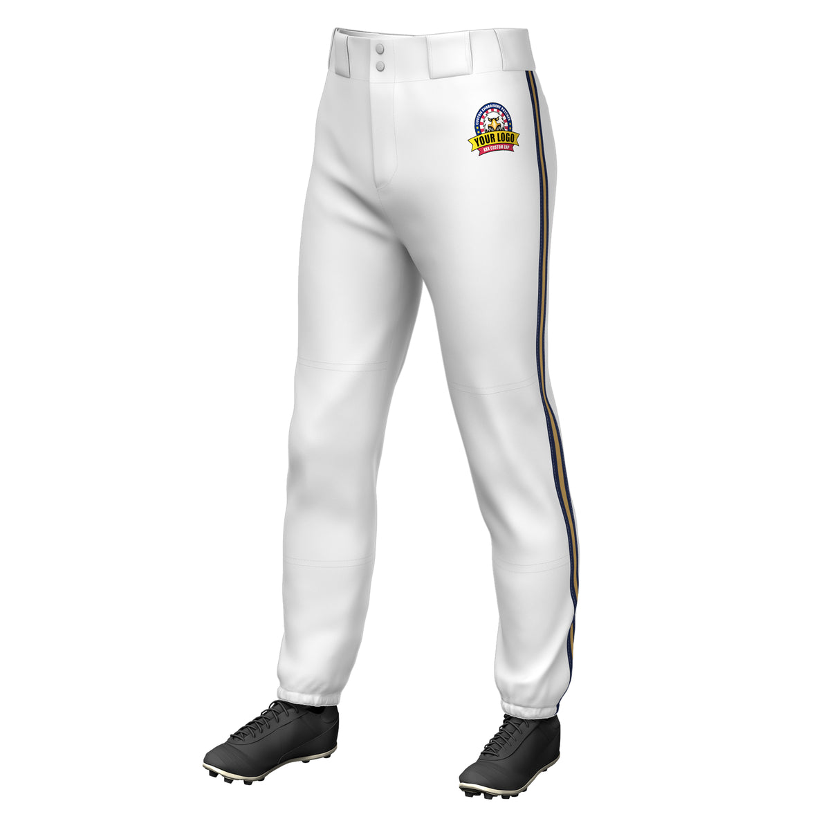 Custom White Navy Gold-Navy Classic Fit Stretch Practice Pull-up Baseball Pants