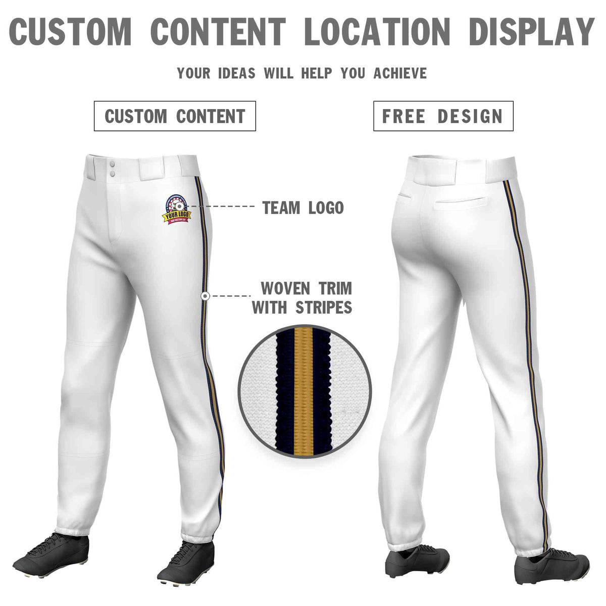 Custom White Navy Gold-Navy Classic Fit Stretch Practice Pull-up Baseball Pants