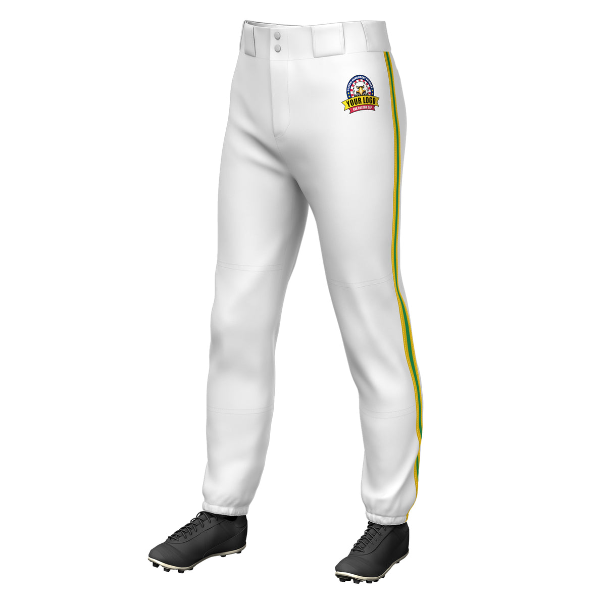 Custom White Gold Kelly Green-Gold Classic Fit Stretch Practice Pull-up Baseball Pants