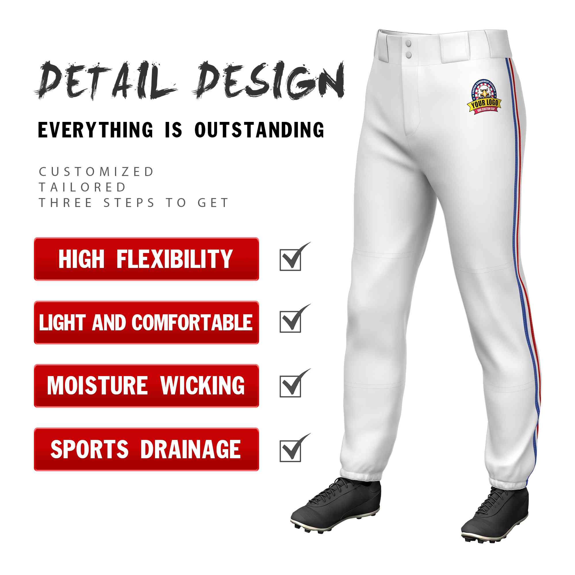 Custom White Royal White-Red Classic Fit Stretch Practice Pull-up Baseball Pants