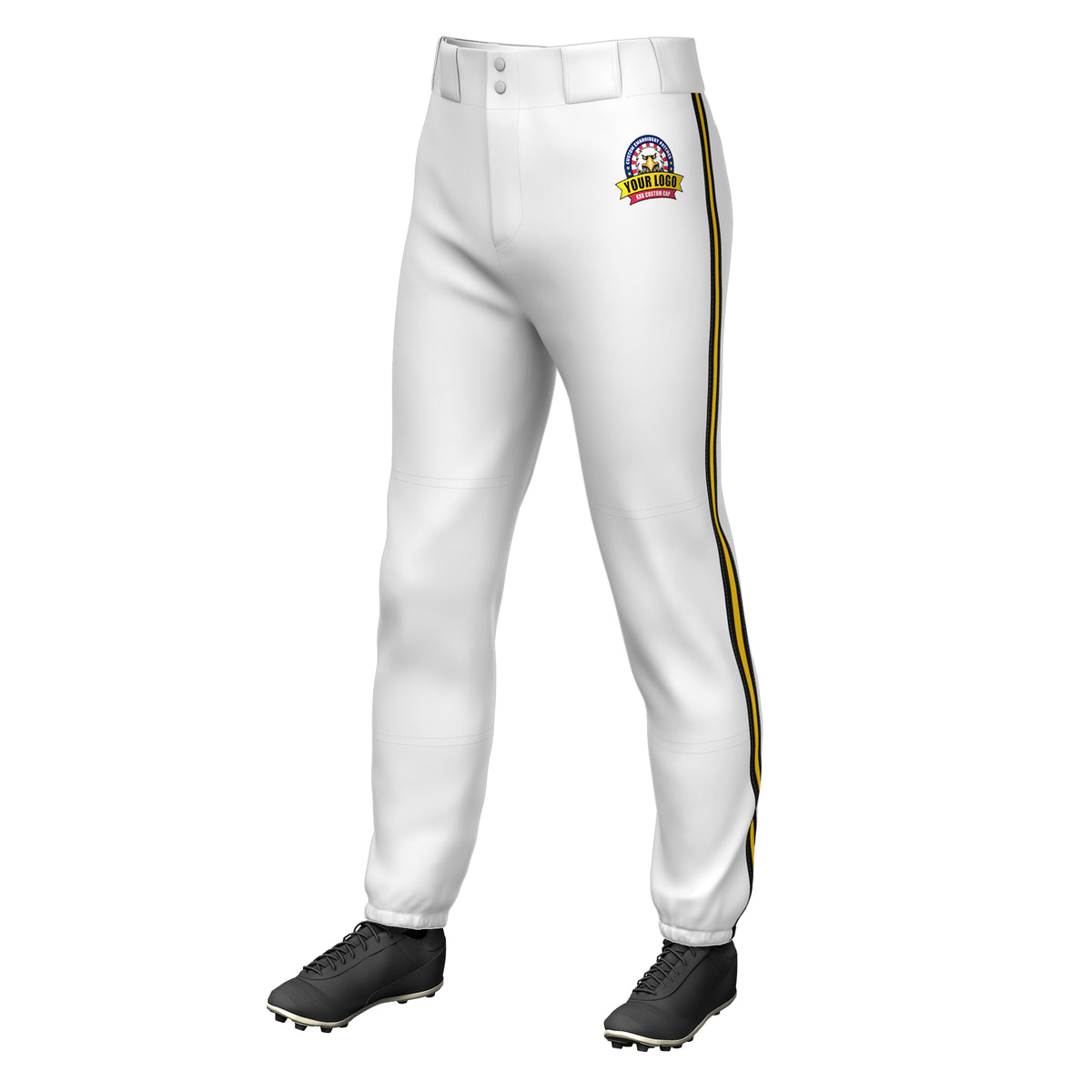 Custom White Black Gold-Black Classic Fit Stretch Practice Pull-up Baseball Pants