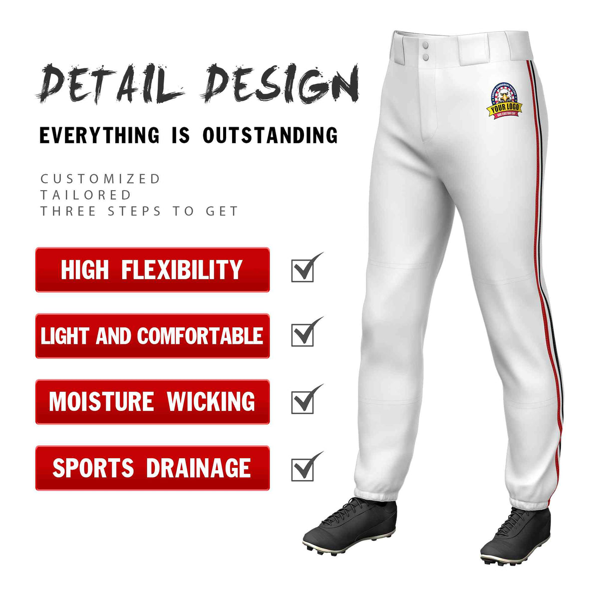 Custom White Red White-Black Classic Fit Stretch Practice Pull-up Baseball Pants