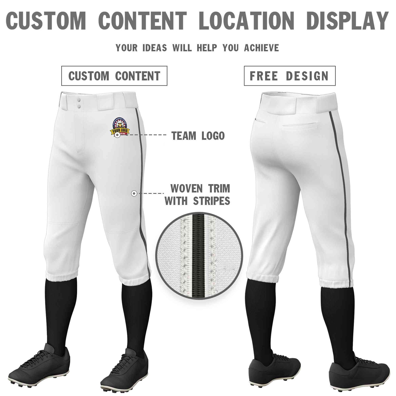 Custom White Dark Gray Classic Fit Stretch Practice Knickers Baseball Pants
