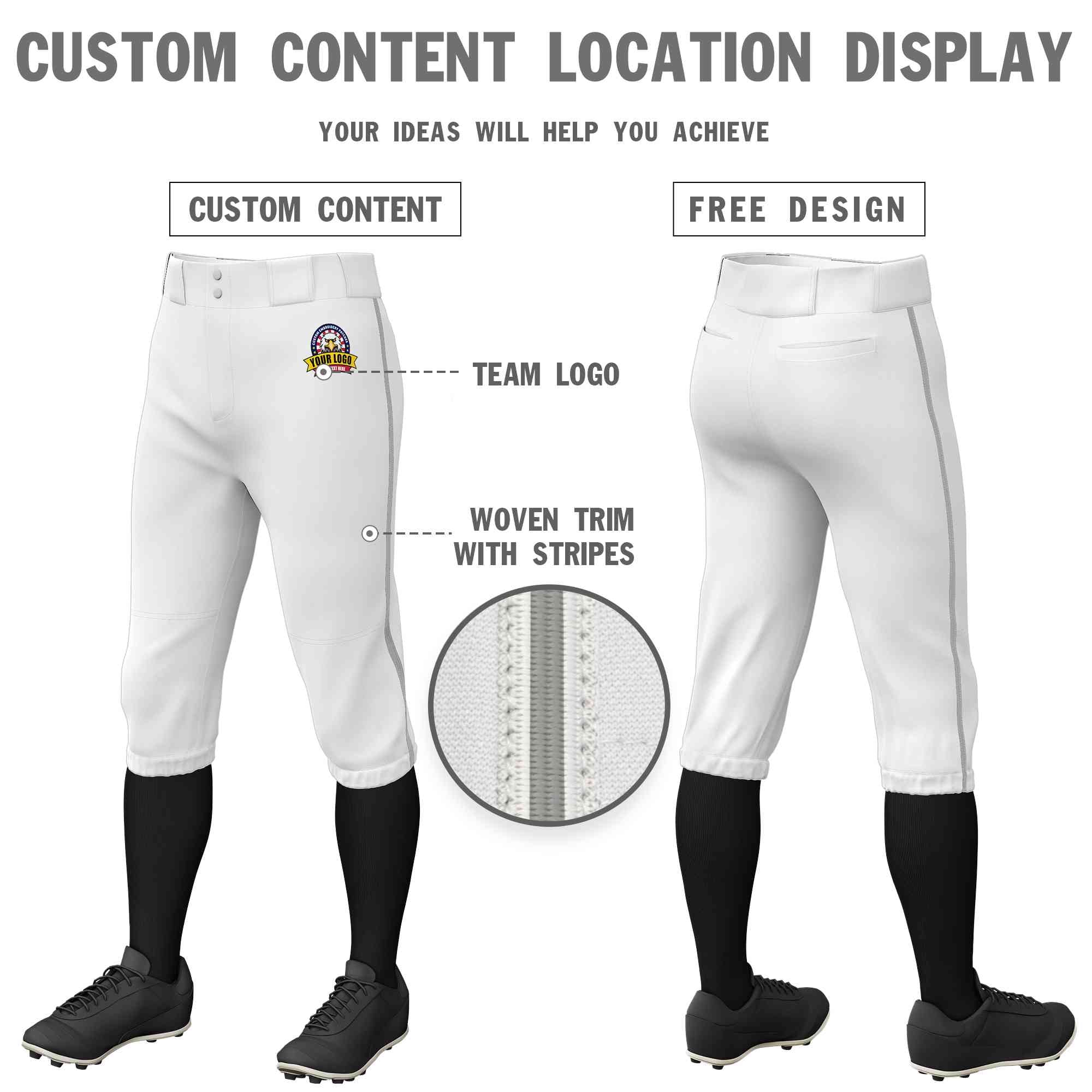 Custom White Gray Classic Fit Stretch Practice Knickers Baseball Pants