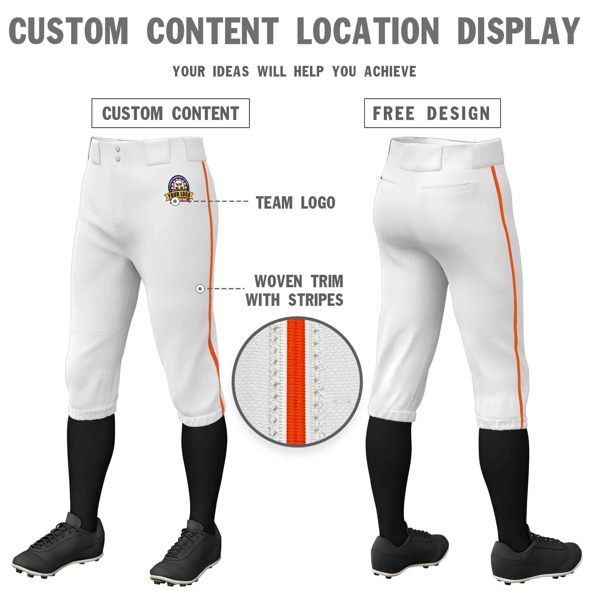 Custom White Orange Classic Fit Stretch Practice Knickers Baseball Pants