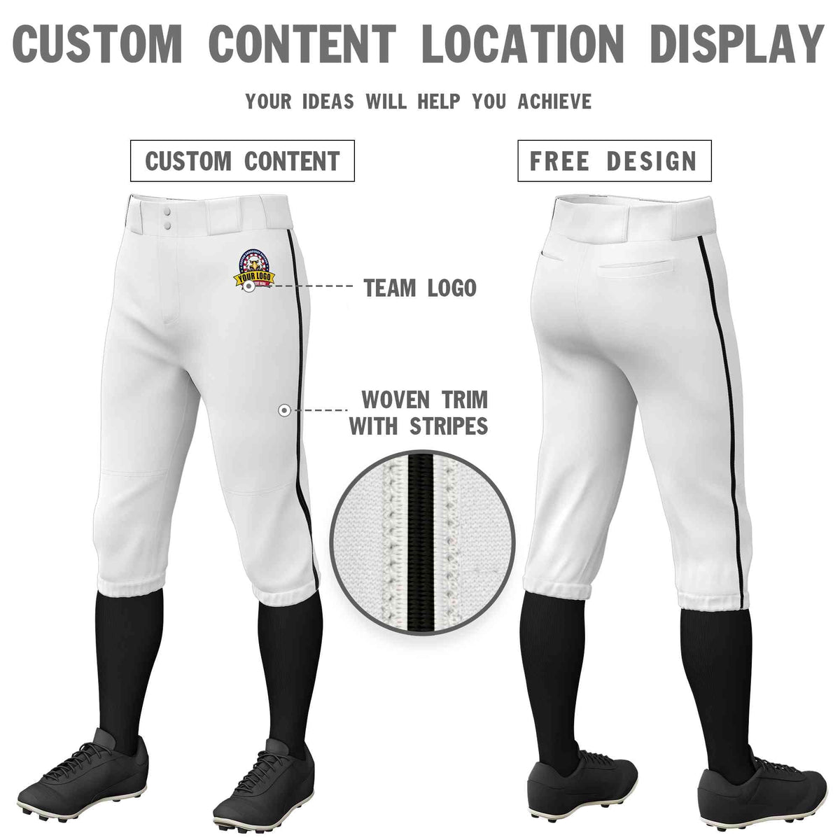 Custom White Black Classic Fit Stretch Practice Knickers Baseball Pants