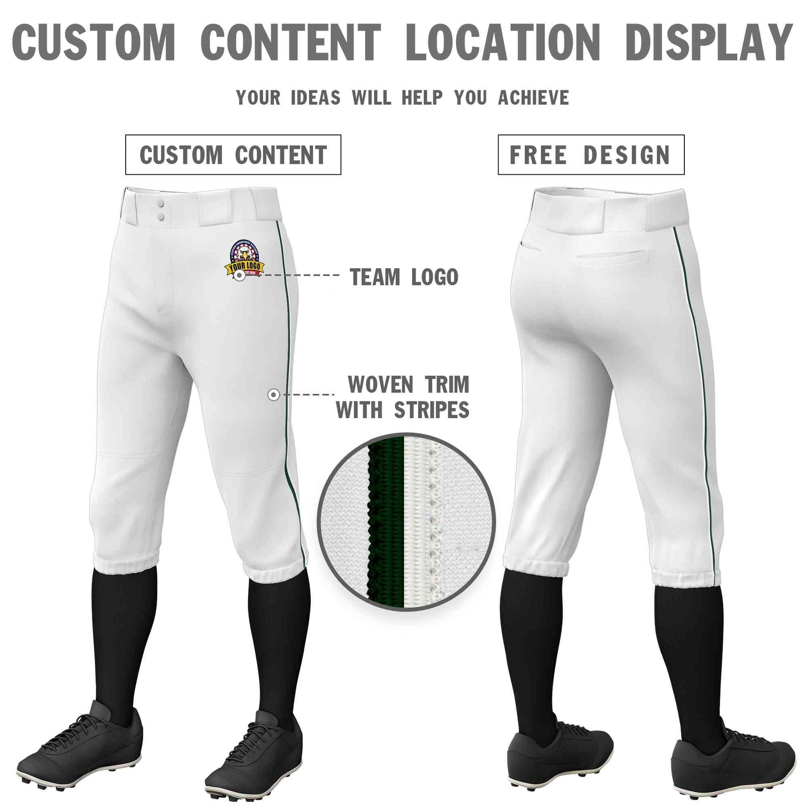 Custom White Green-White Classic Fit Stretch Practice Knickers Baseball Pants