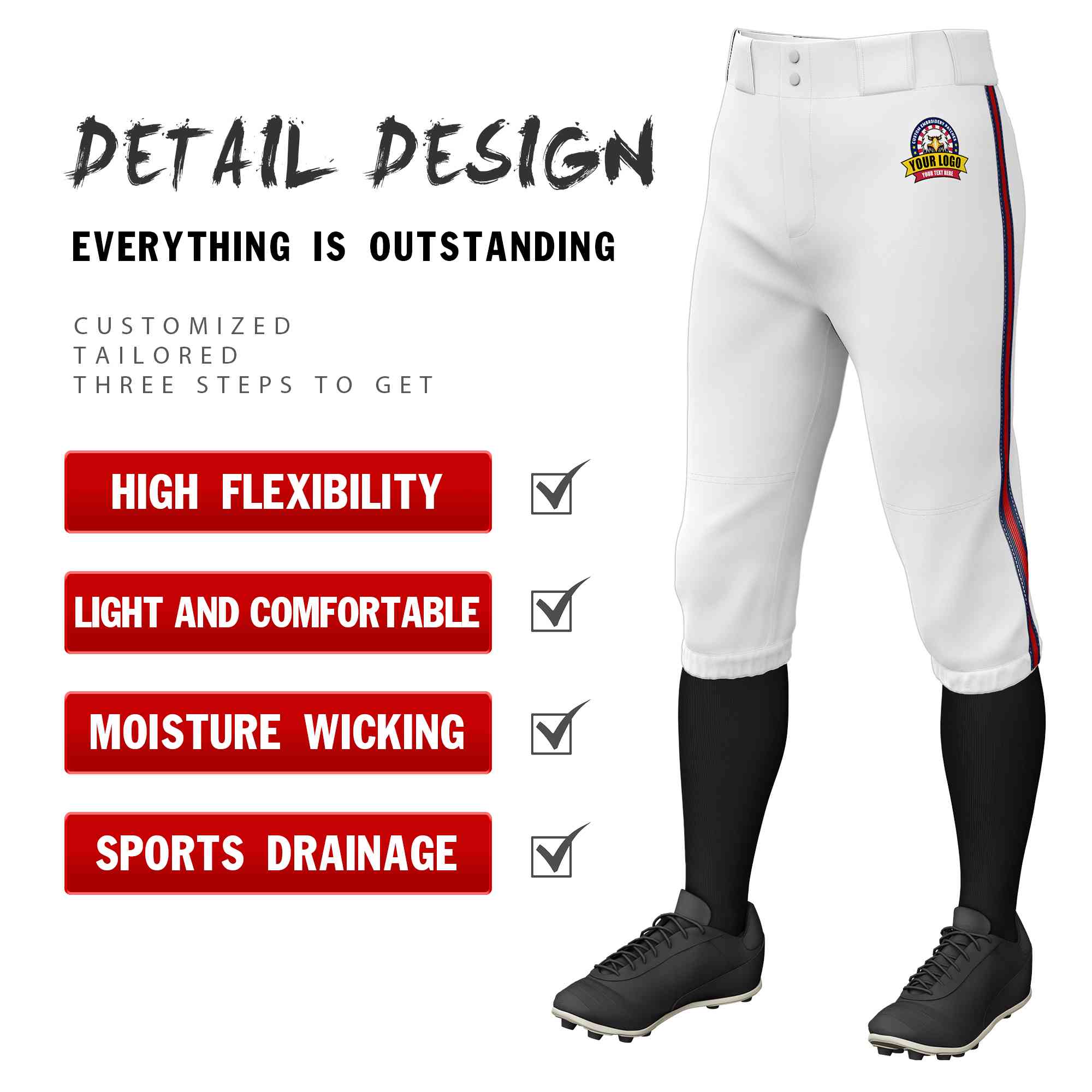 Custom White Navy Red-Navy Classic Fit Stretch Practice Knickers Baseball Pants