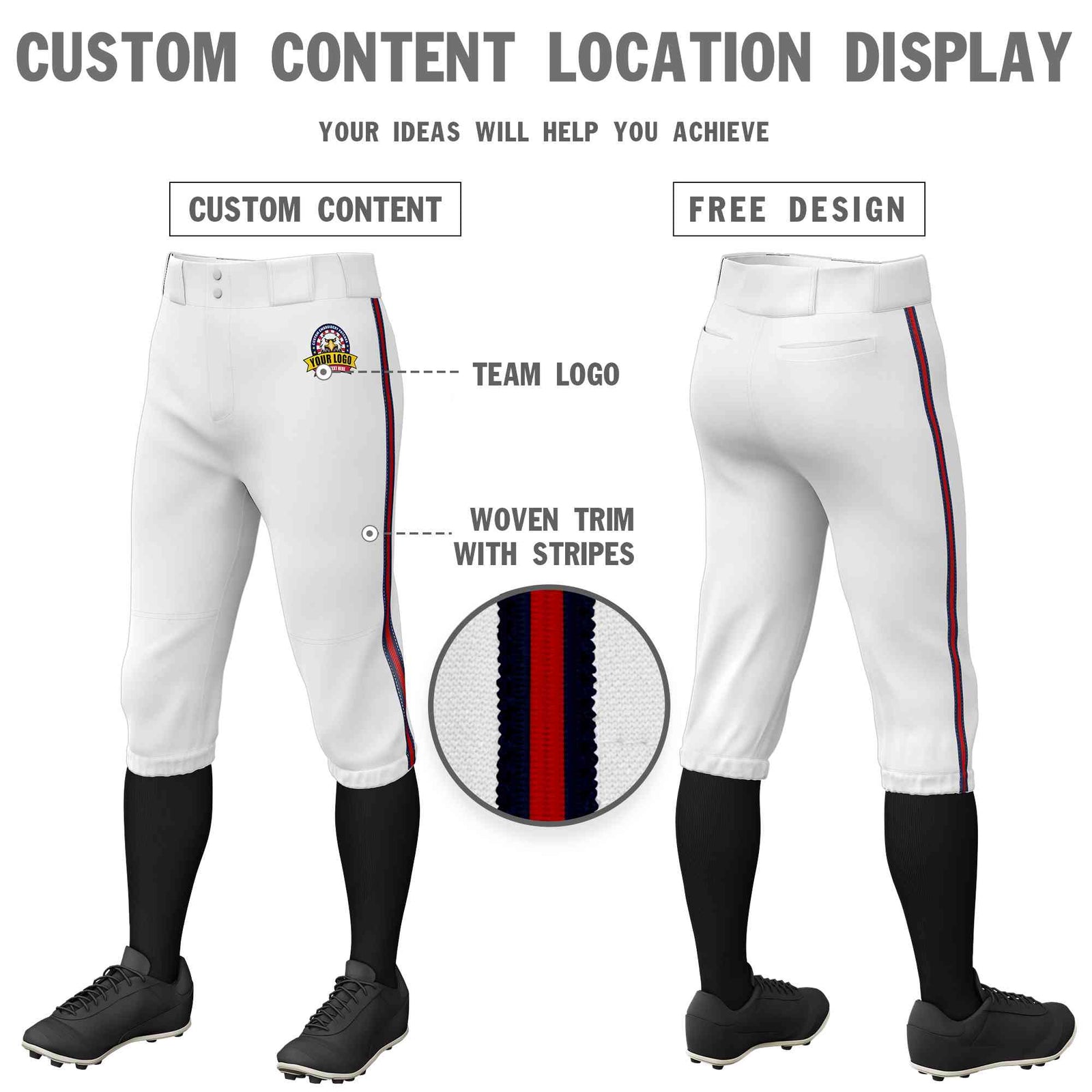 Custom White Navy Red-Navy Classic Fit Stretch Practice Knickers Baseball Pants