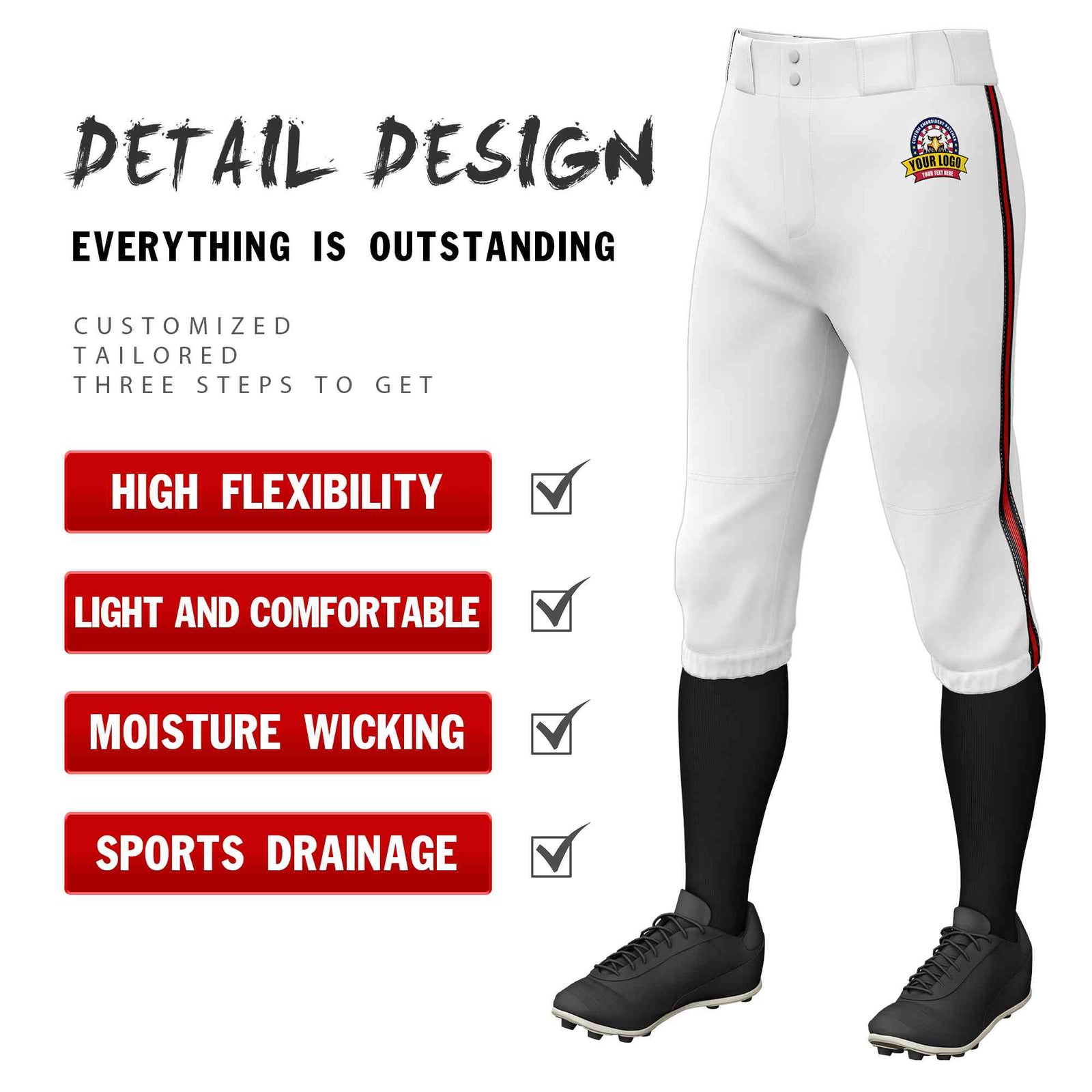 Custom White Black Red-Black Classic Fit Stretch Practice Knickers Baseball Pants