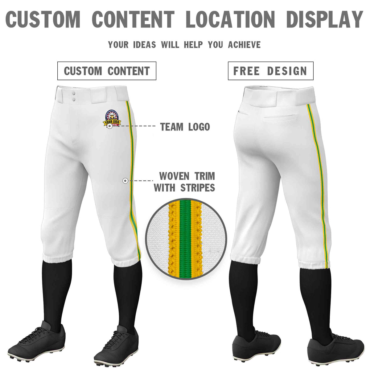 Custom White Gold Kelly Green-Gold Classic Fit Stretch Practice Knickers Baseball Pants