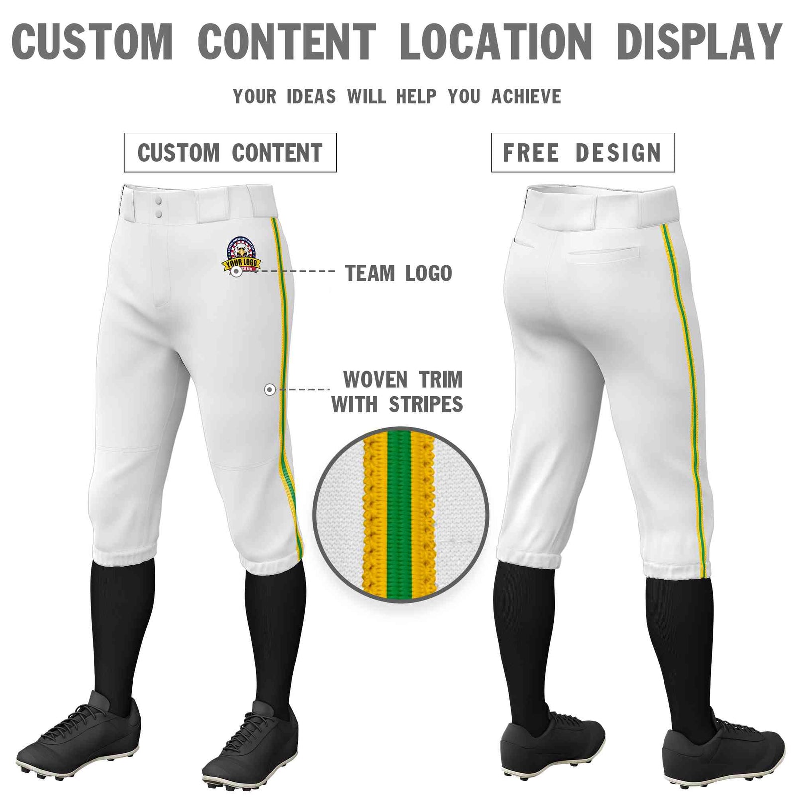 Custom White Gold Kelly Green-Gold Classic Fit Stretch Practice Knickers Baseball Pants