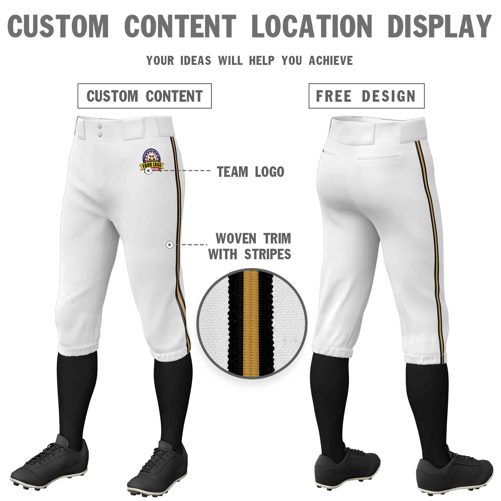 Custom White Black Old Gold-Black Classic Fit Stretch Practice Knickers Baseball Pants