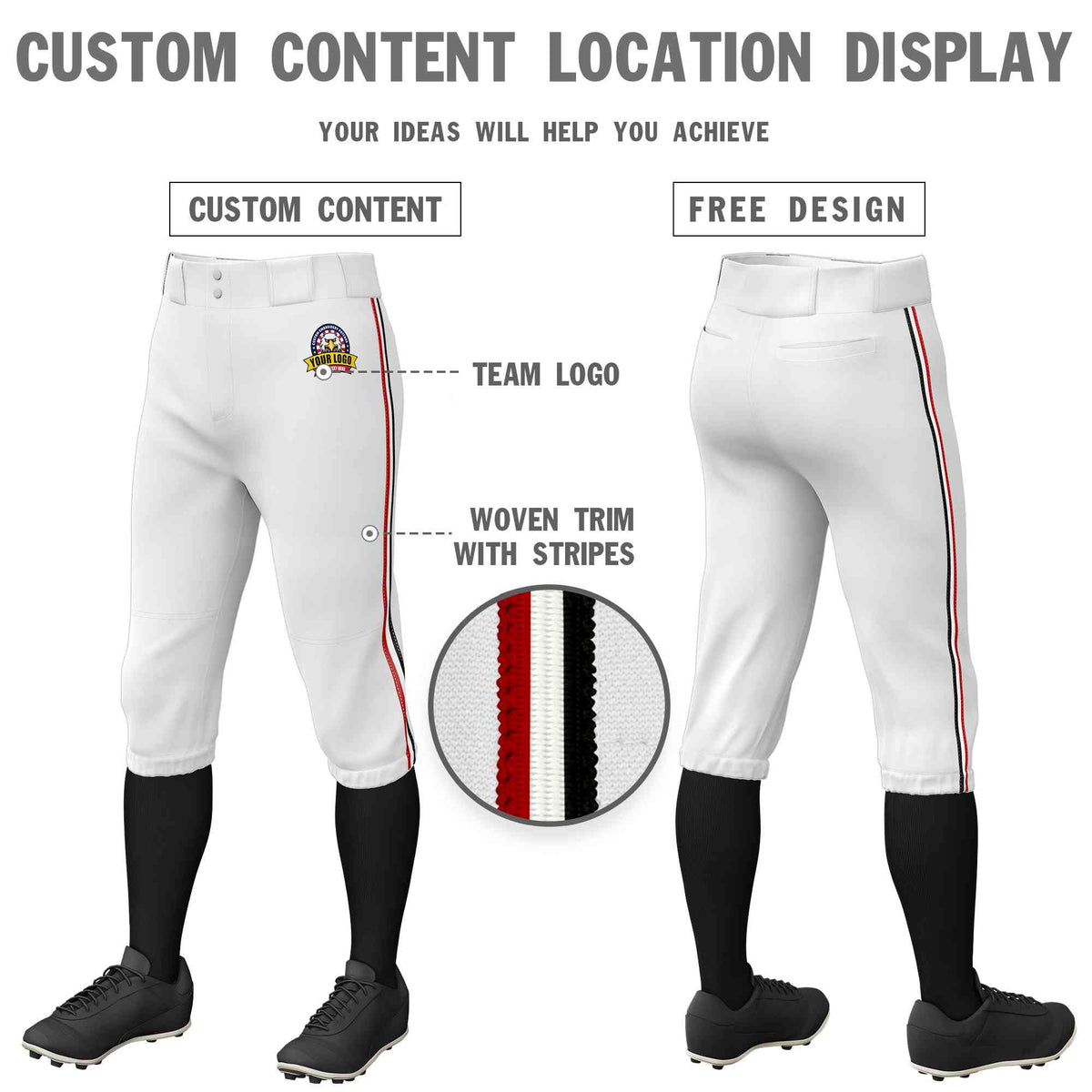 Custom White Red White-Black Classic Fit Stretch Practice Knickers Baseball Pants