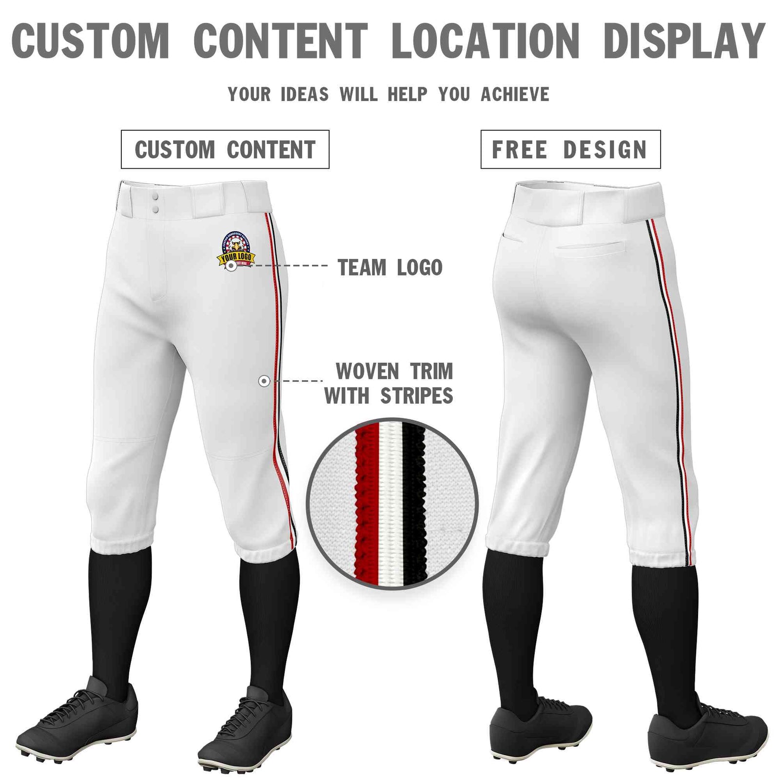 Custom White Red White-Black Classic Fit Stretch Practice Knickers Baseball Pants