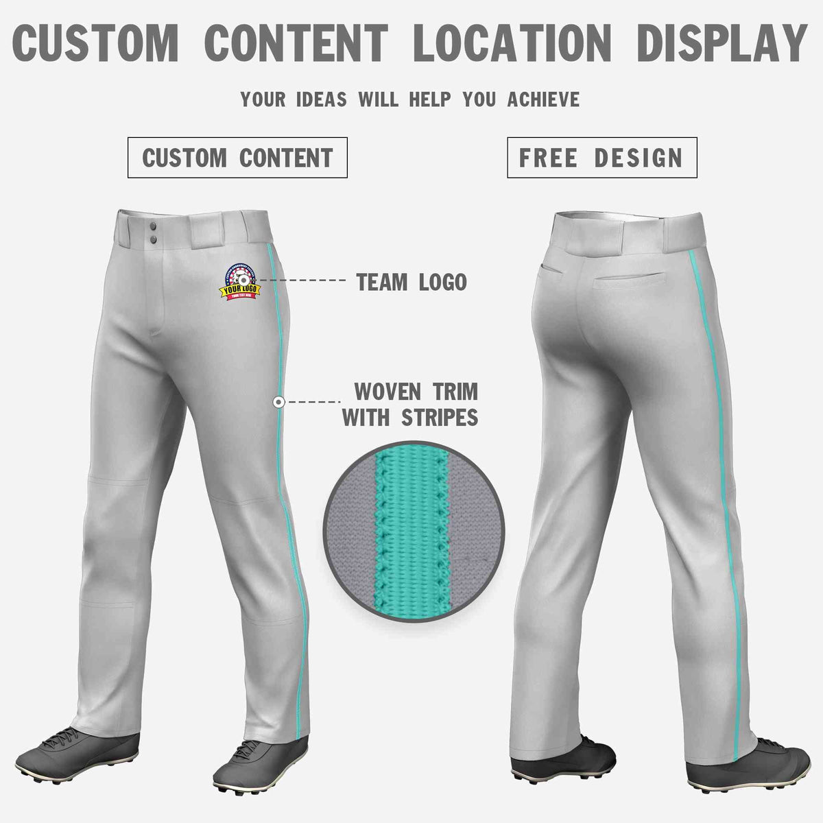 Custom Gray Aqua Classic Fit Stretch Practice Loose-fit Baseball Pants