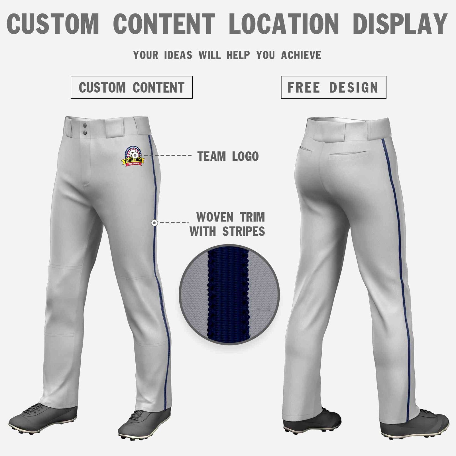 Custom Gray Navy Classic Fit Stretch Practice Loose-fit Baseball Pants