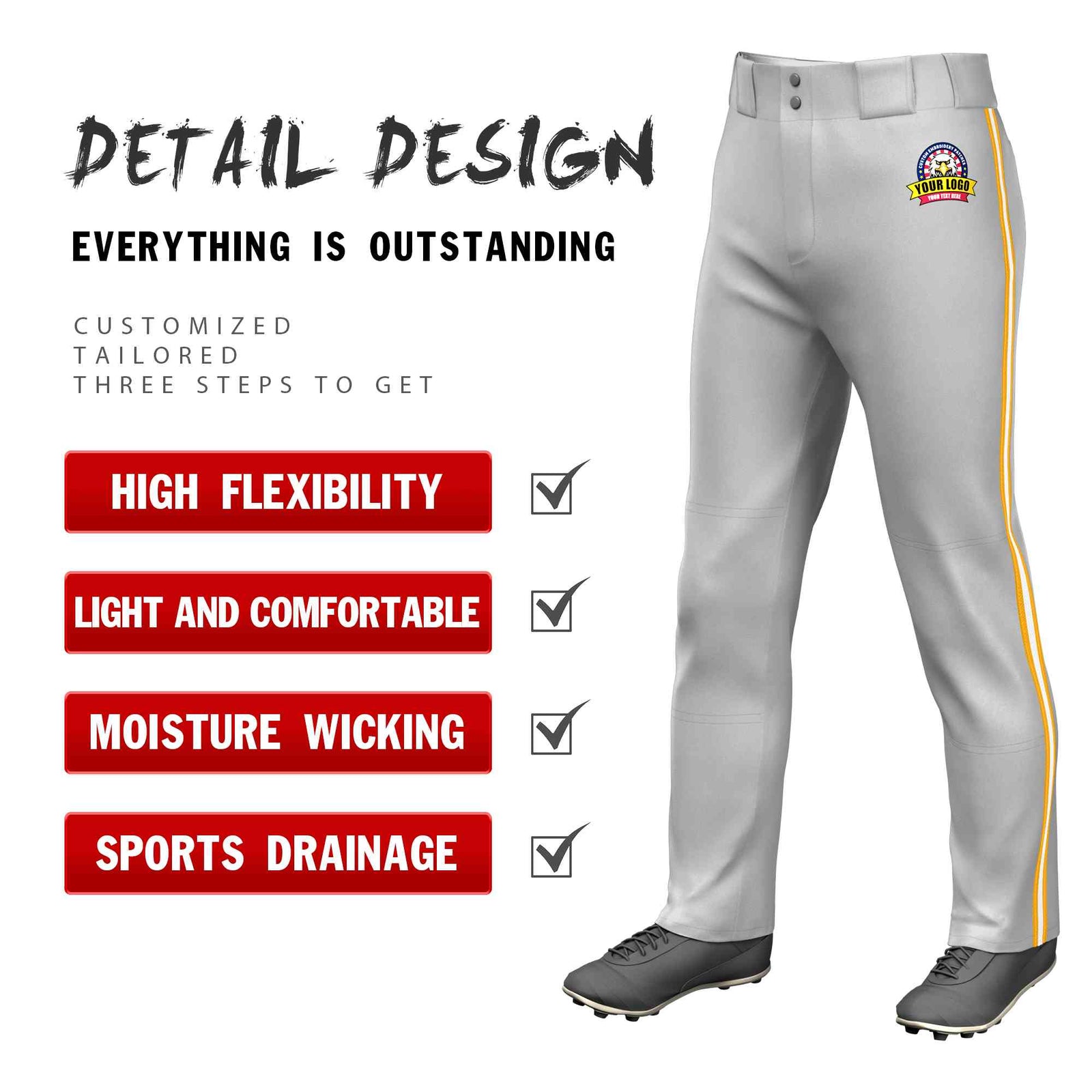 Custom Gray Yellow White-Yellow Classic Fit Stretch Practice Loose-fit Baseball Pants