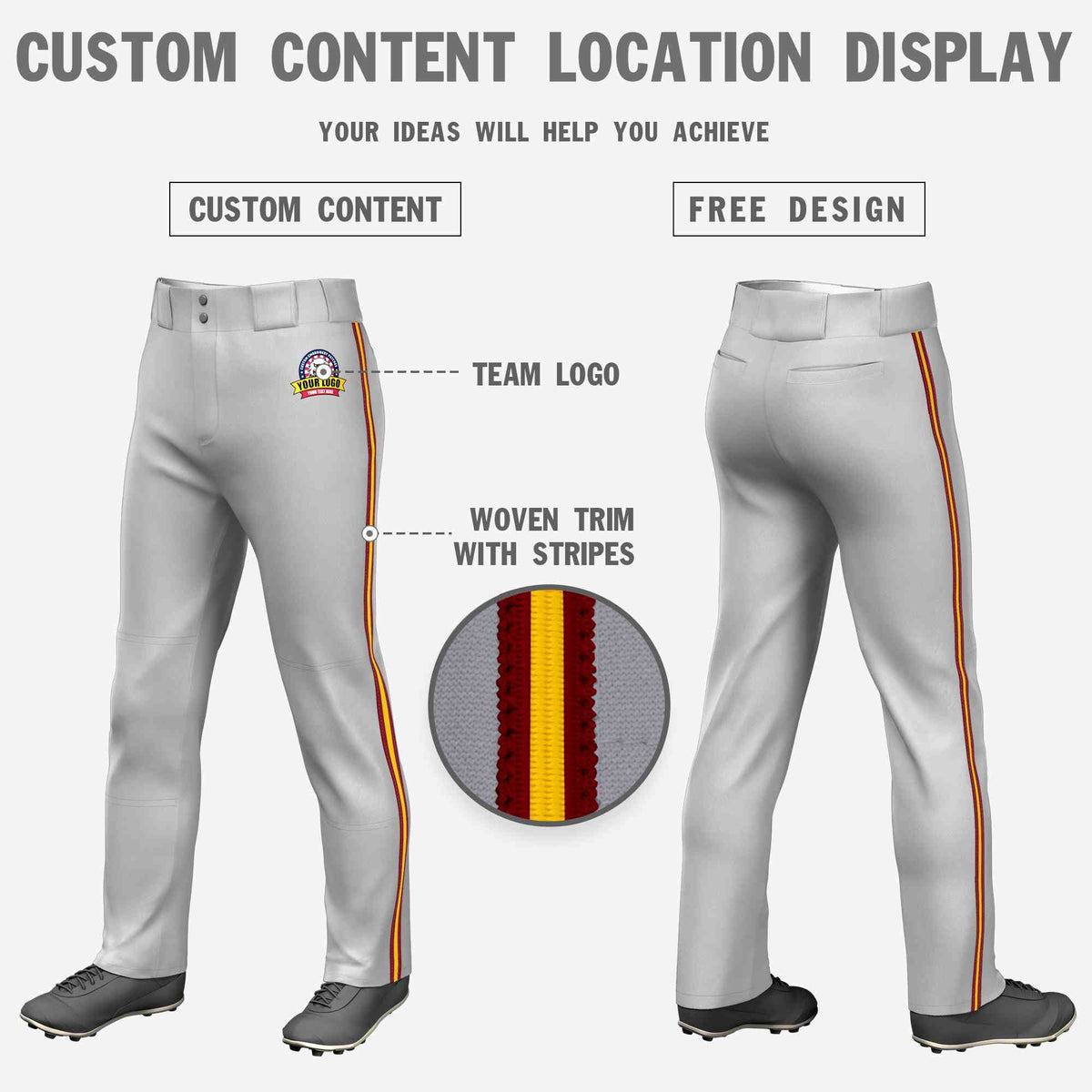 Custom Gray Crimson Gold-Crimson Classic Fit Stretch Practice Loose-fit Baseball Pants