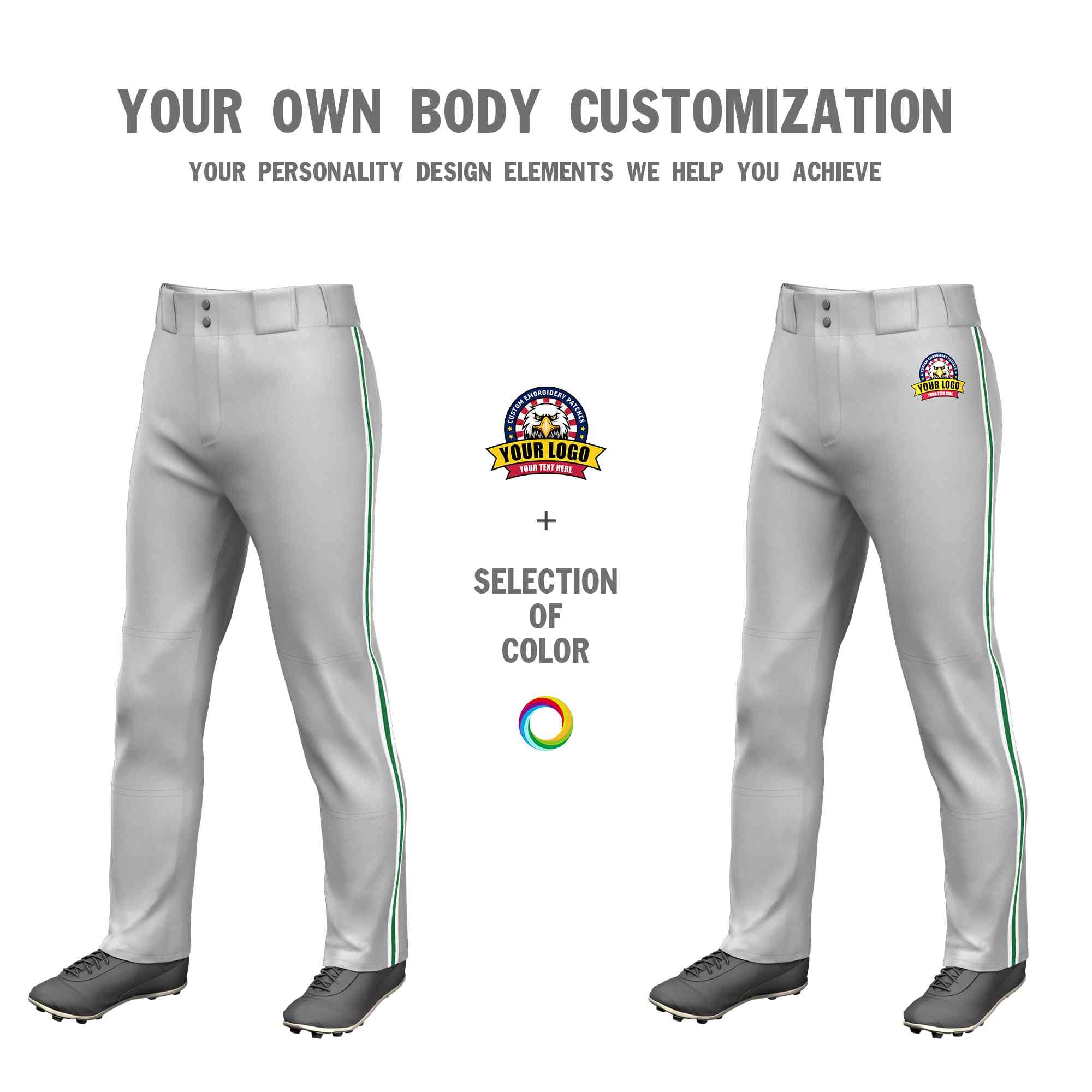 Custom Gray White Kelly Green-White Classic Fit Stretch Practice Loose-fit Baseball Pants