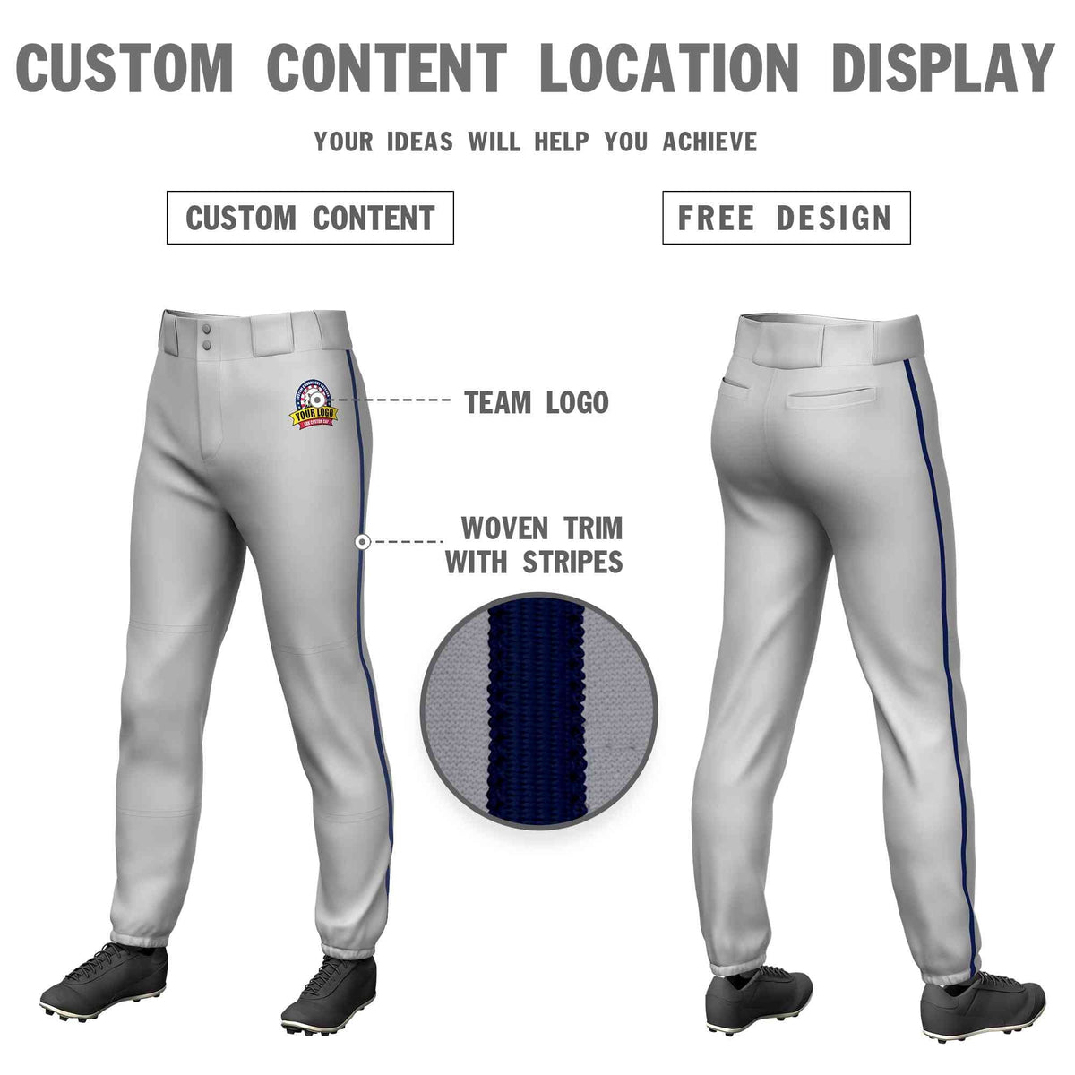 Custom Gray Navy Classic Fit Stretch Practice Pull-up Baseball Pants