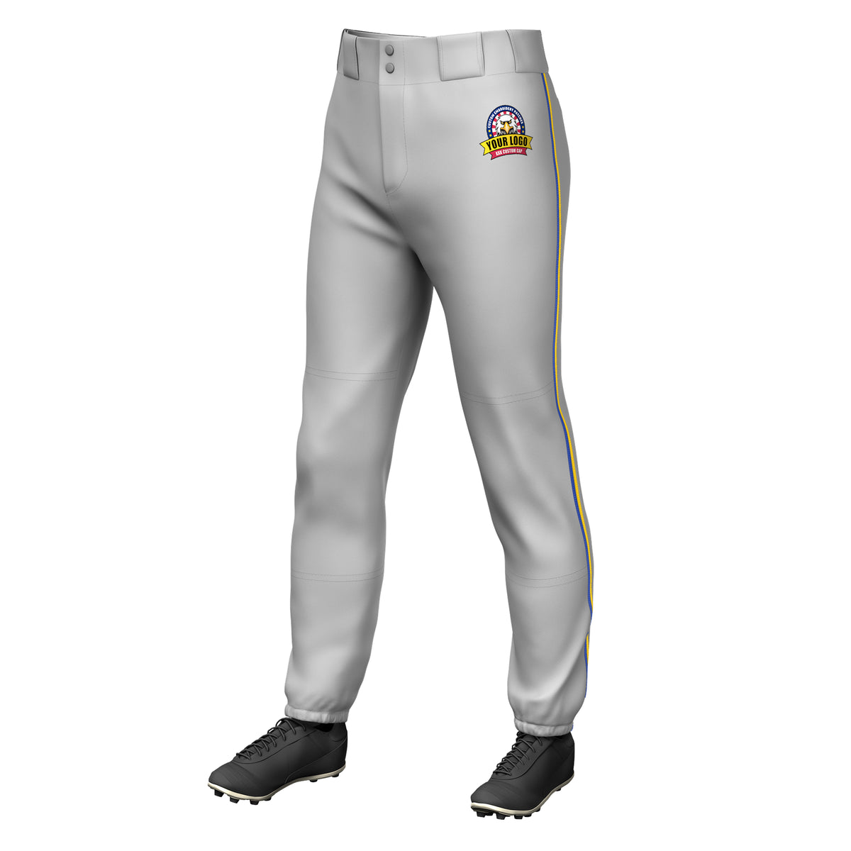 Custom Gray Royal-Gold Classic Fit Stretch Practice Pull-up Baseball Pants
