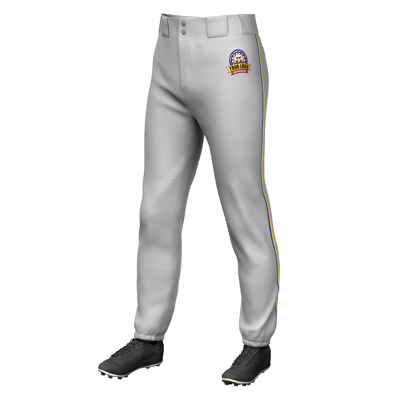 Custom Gray Royal-Gold Classic Fit Stretch Practice Pull-up Baseball Pants