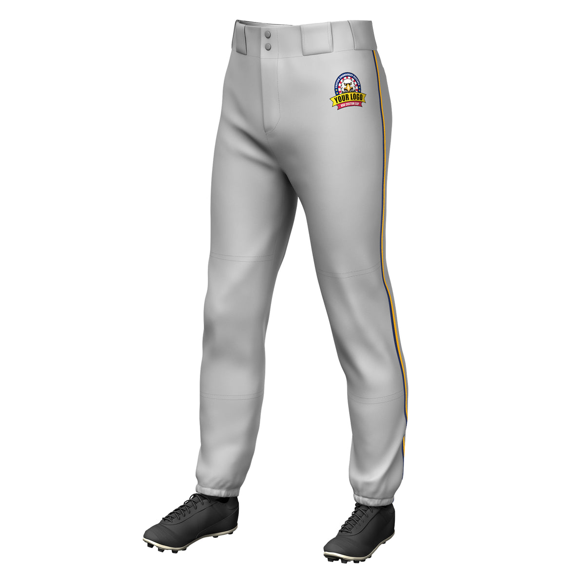 Custom Gray Navy-Yellow Classic Fit Stretch Practice Pull-up Baseball Pants