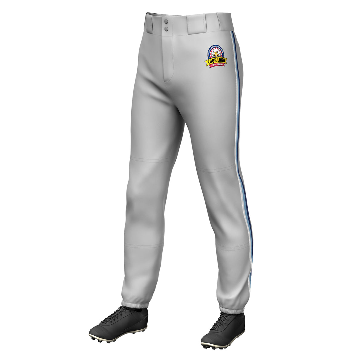 Custom Gray White Light Blue-Navy Classic Fit Stretch Practice Pull-up Baseball Pants