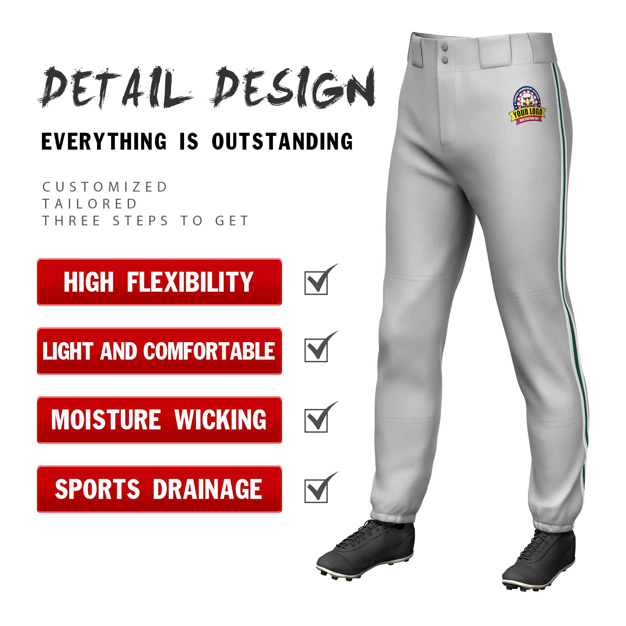 Custom Gray White Green-White Classic Fit Stretch Practice Pull-up Baseball Pants