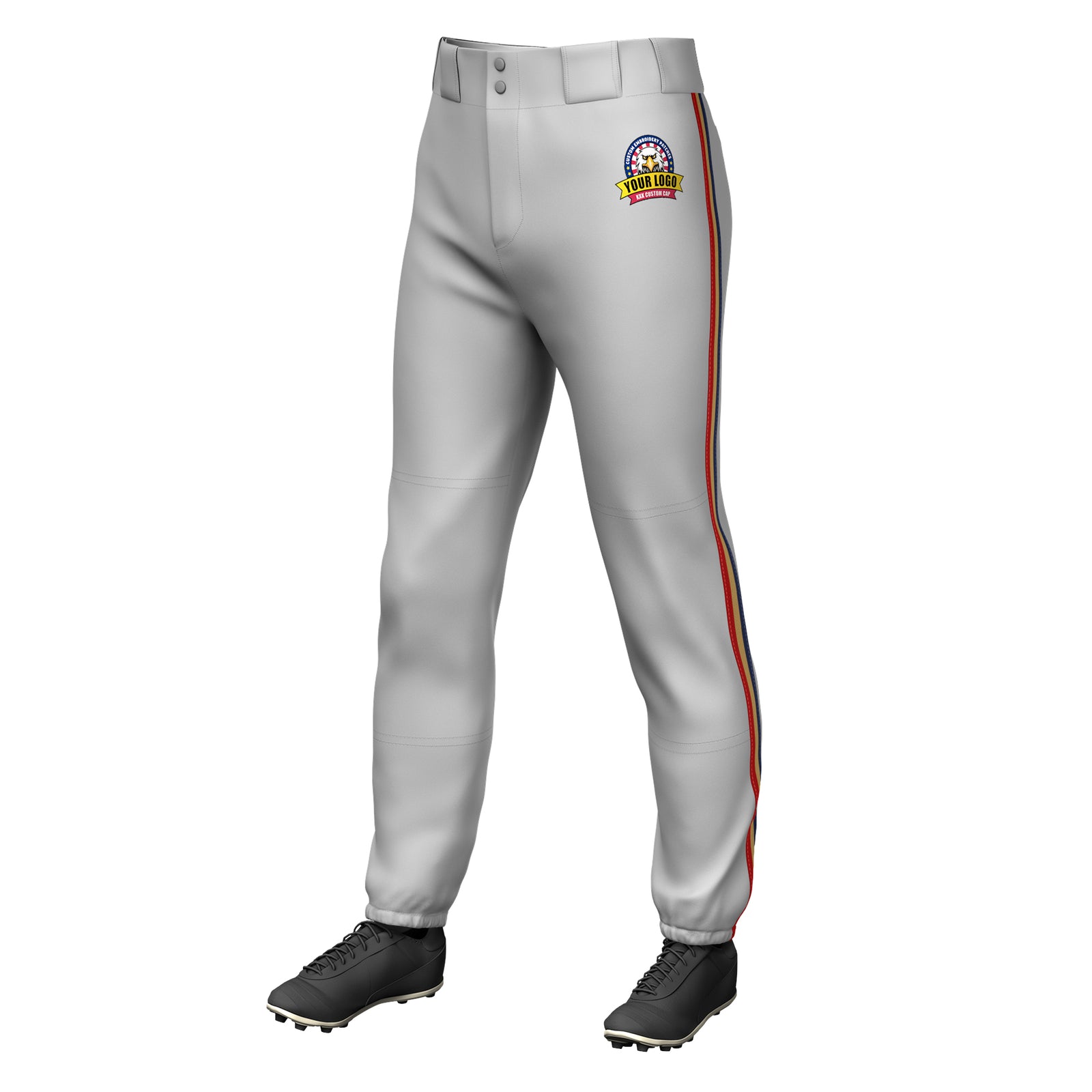 Custom Gray Navy Old Gold-Red Classic Fit Stretch Practice Pull-up Baseball Pants
