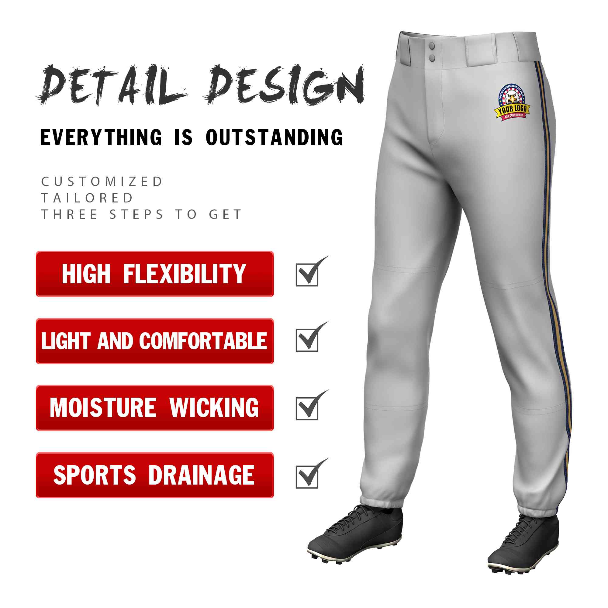 Custom Gray Navy Old Gold-Navy Classic Fit Stretch Practice Pull-up Baseball Pants
