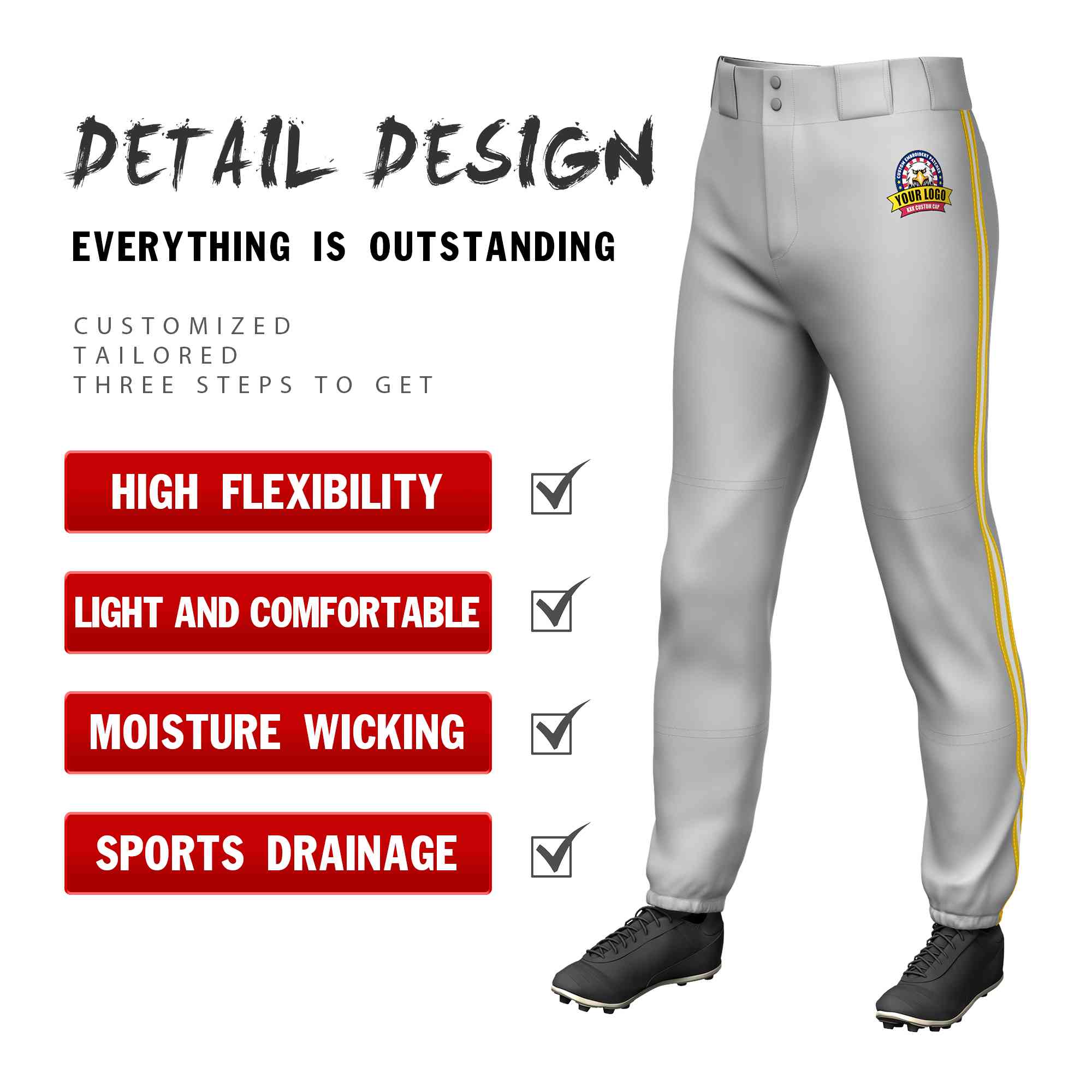 Custom Gray Gold White-Gold Classic Fit Stretch Practice Pull-up Baseball Pants
