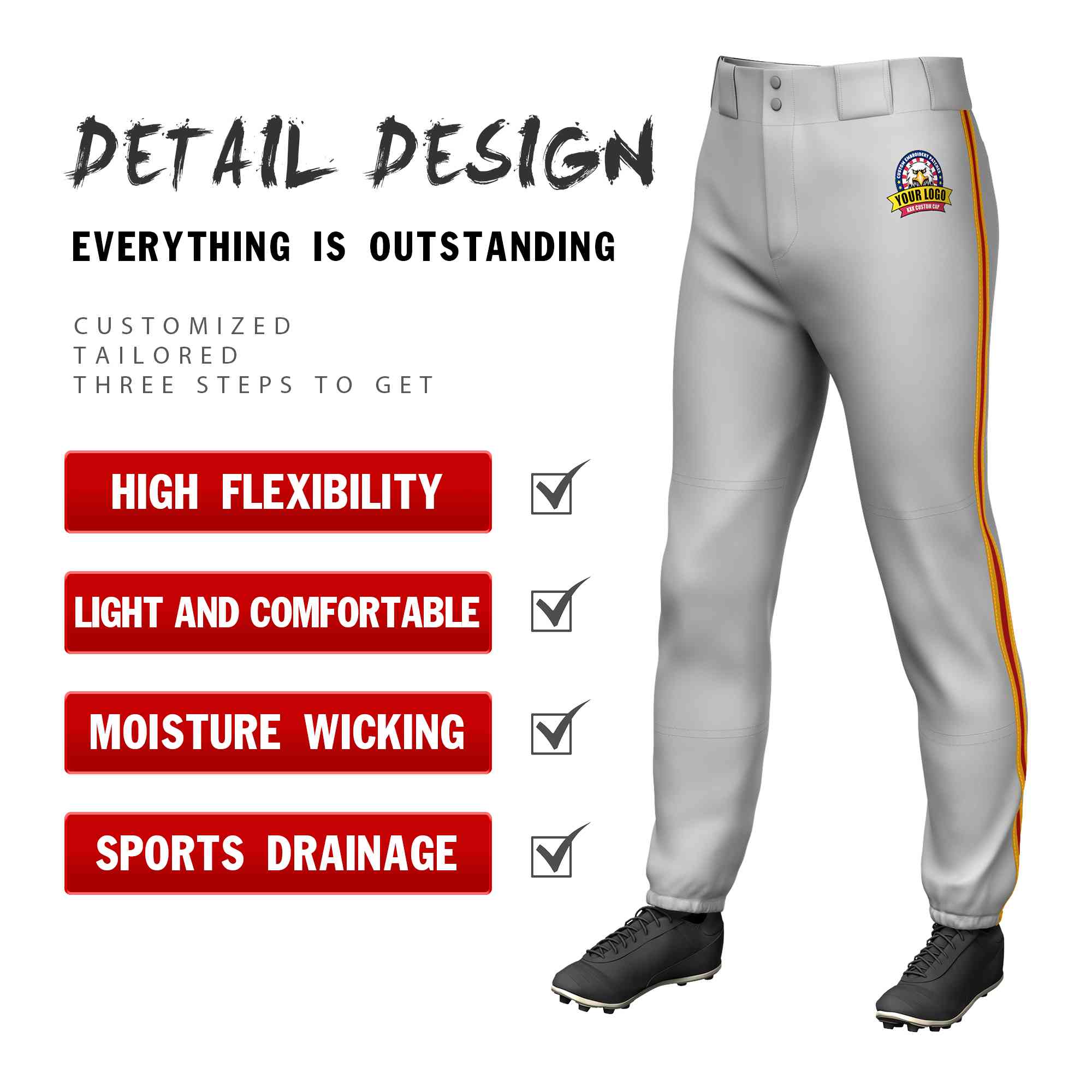 Custom Gray Yellow Red-Yellow Classic Fit Stretch Practice Pull-up Baseball Pants