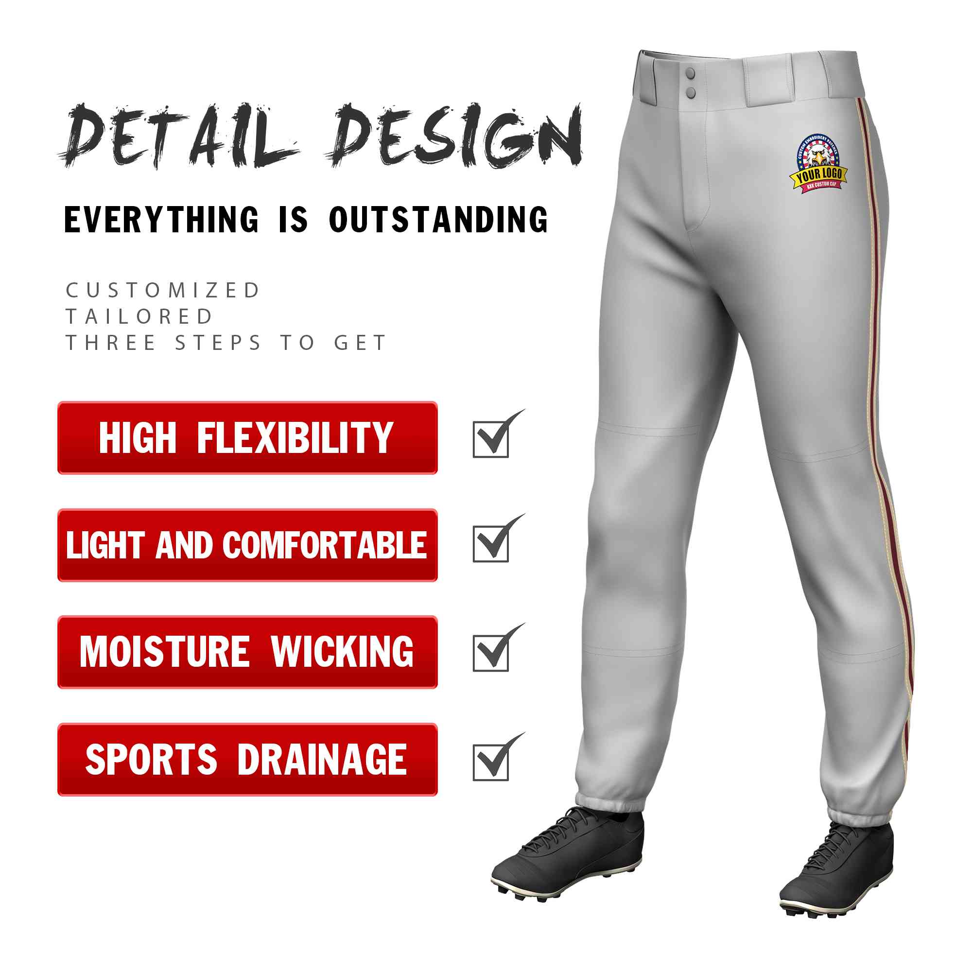 Custom Gray Khaki Crimson-Khaki Classic Fit Stretch Practice Pull-up Baseball Pants