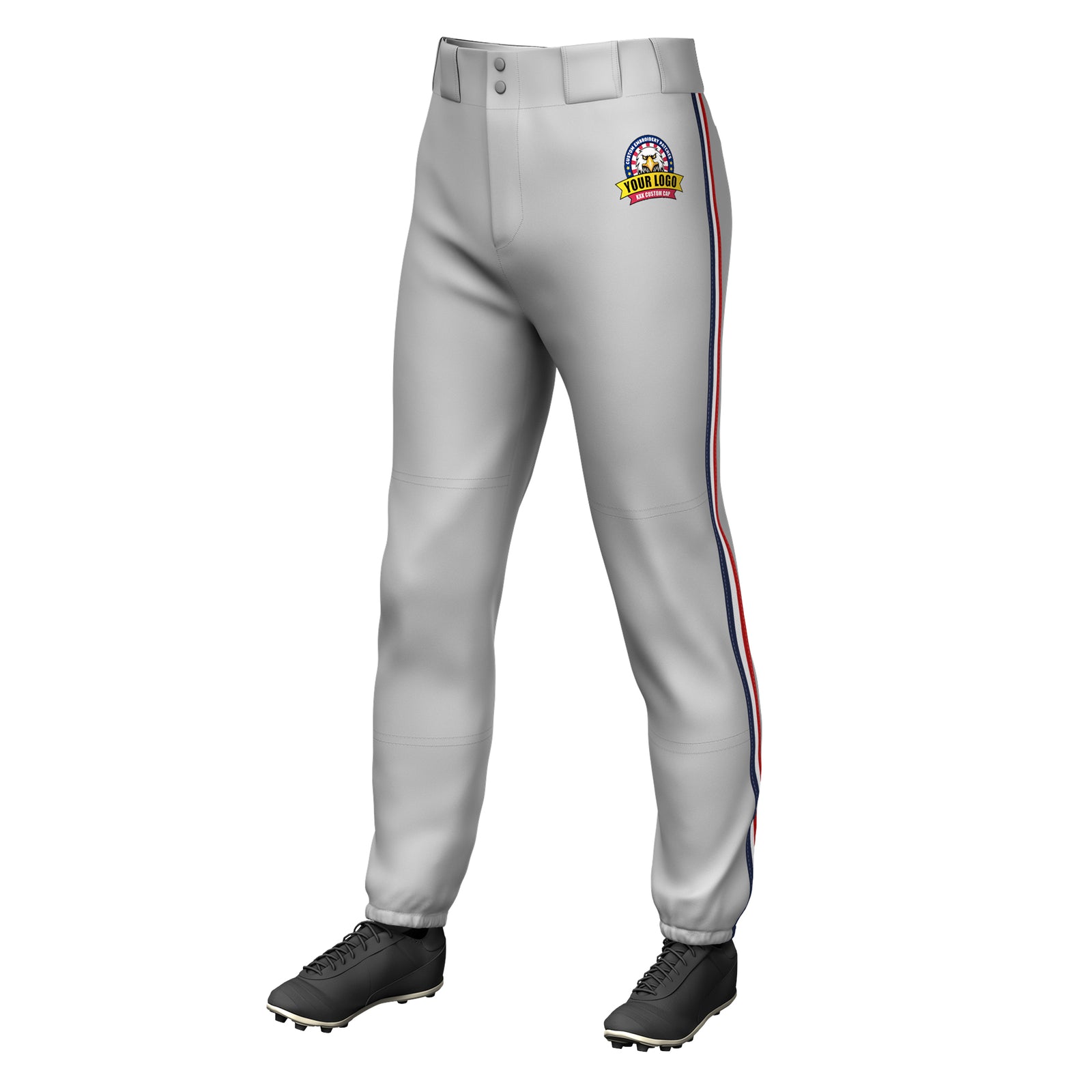 Custom Gray Navy White-Red Classic Fit Stretch Practice Pull-up Baseball Pants