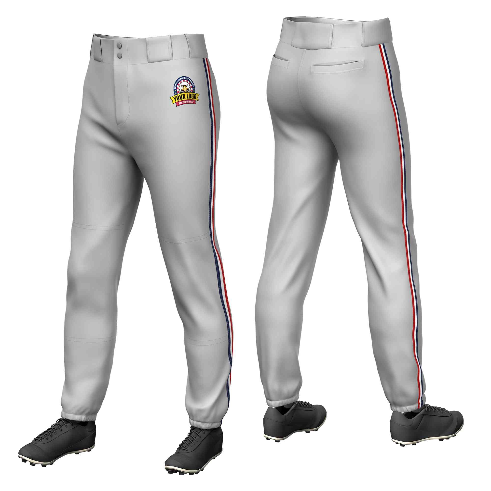 Custom Gray Navy White-Red Classic Fit Stretch Practice Pull-up Baseball Pants