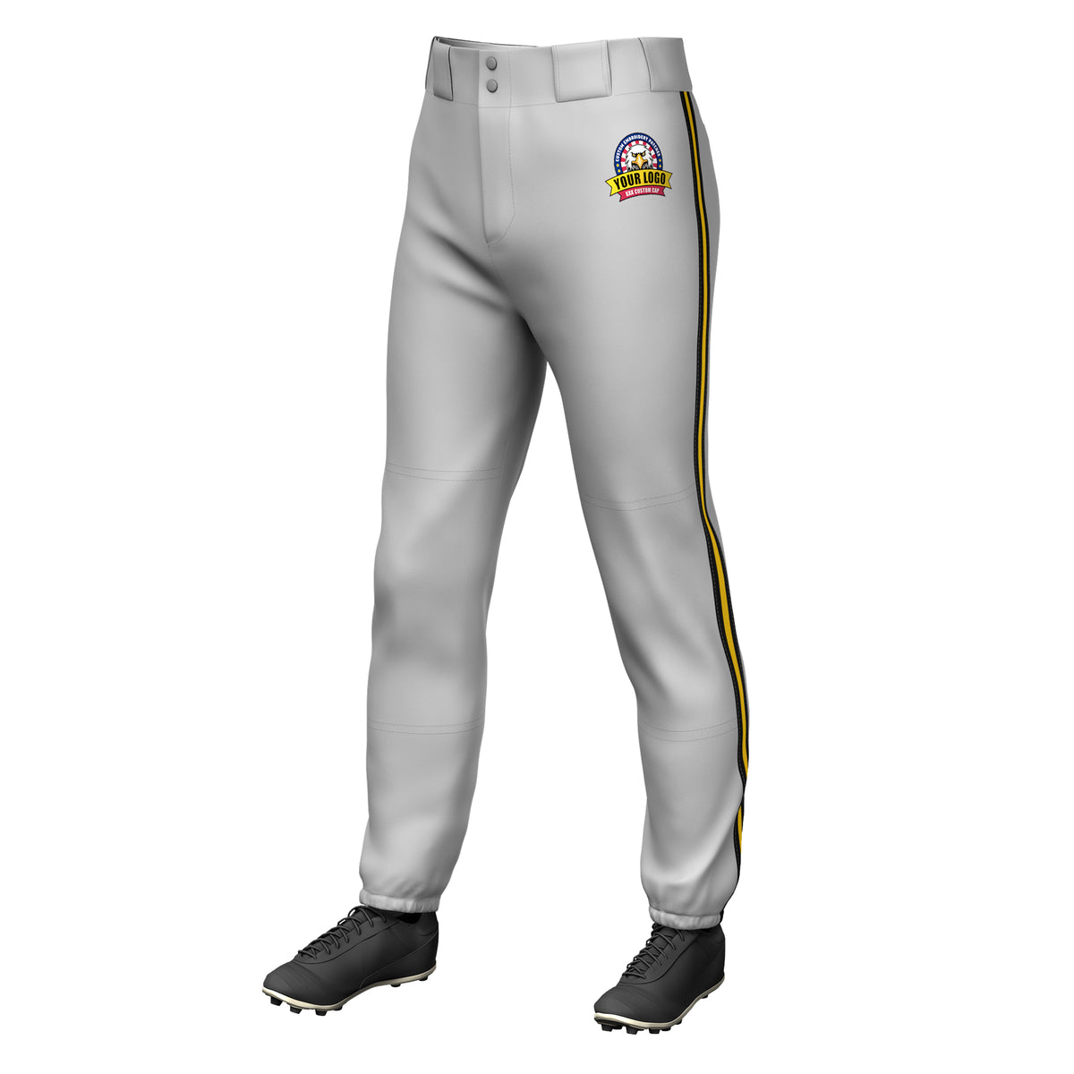 Custom Gray Black Gold-Black Classic Fit Stretch Practice Pull-up Baseball Pants