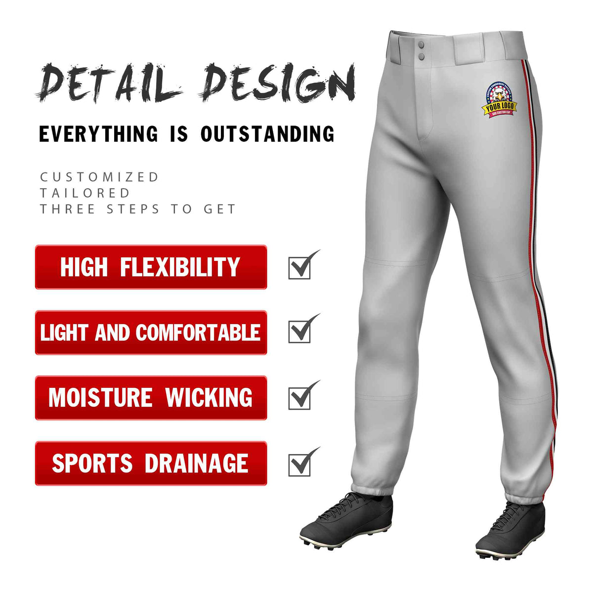 Custom Gray Red White-Black Classic Fit Stretch Practice Pull-up Baseball Pants
