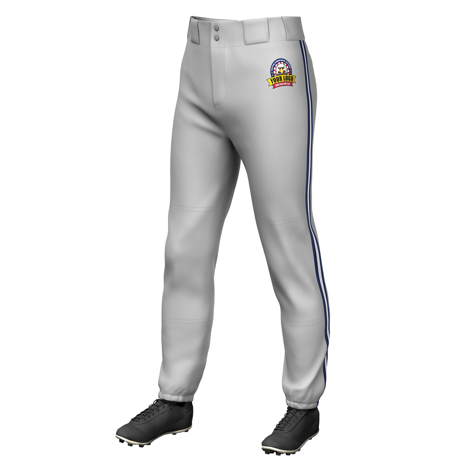 Custom Gray Navy White-Navy Classic Fit Stretch Practice Pull-up Baseball Pants