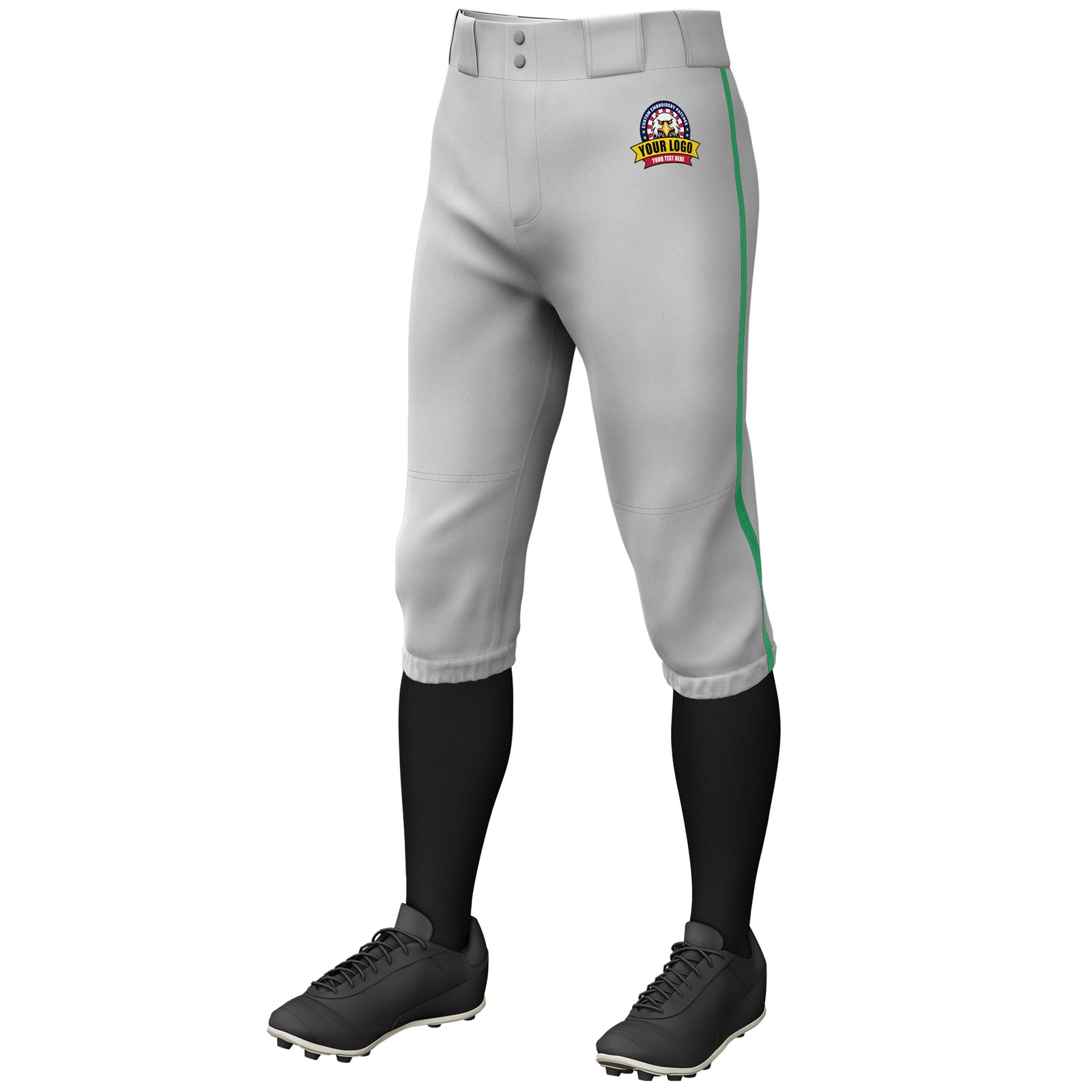 Custom Gray Kelly Green Classic Fit Stretch Practice Knickers Baseball Pants
