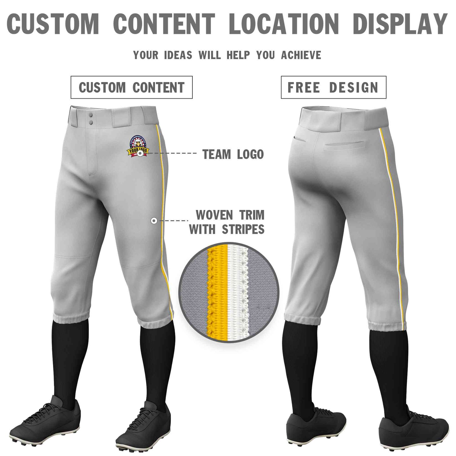 Custom Gray Gold-White Classic Fit Stretch Practice Knickers Baseball Pants