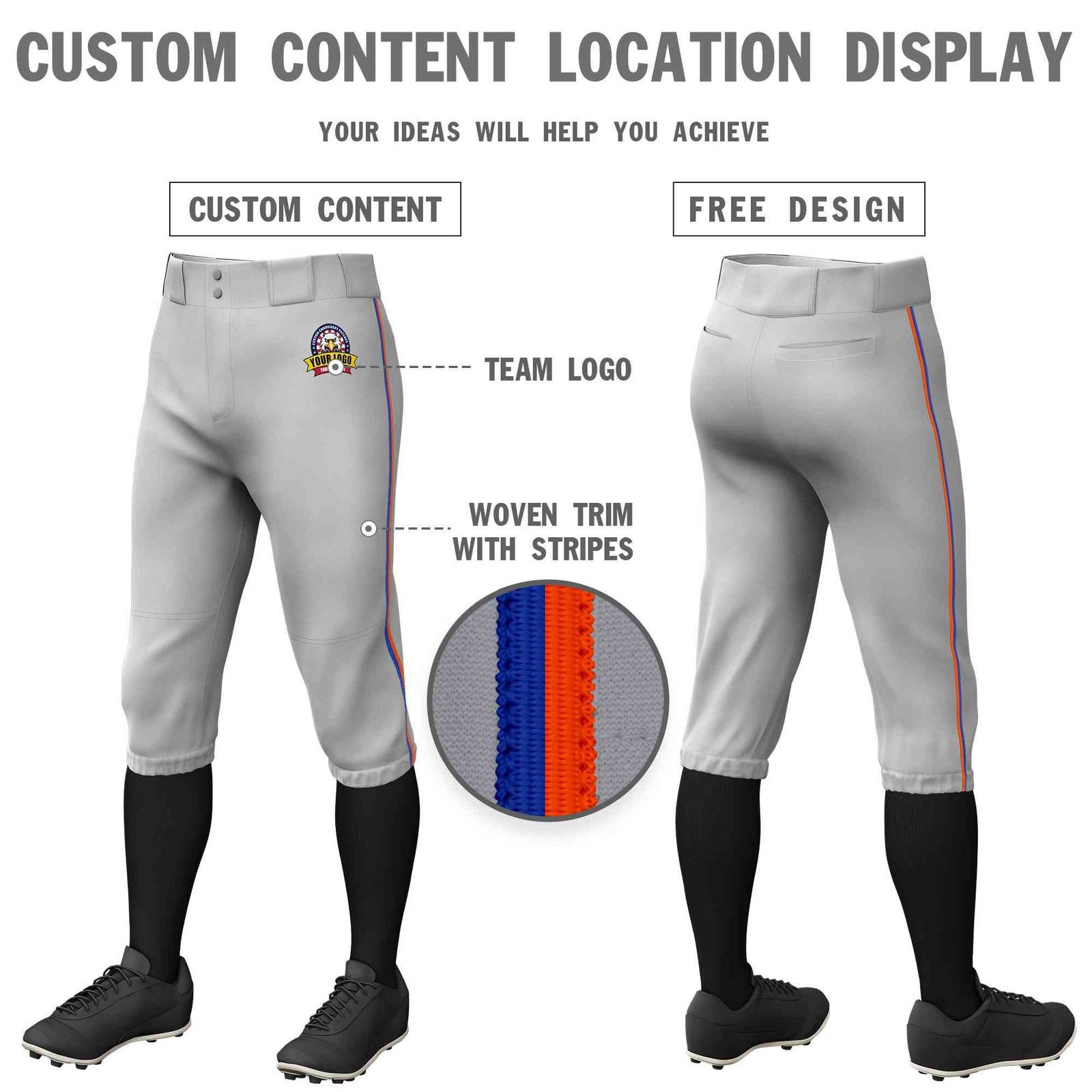 Custom Gray Royal-Orange Classic Fit Stretch Practice Knickers Baseball Pants