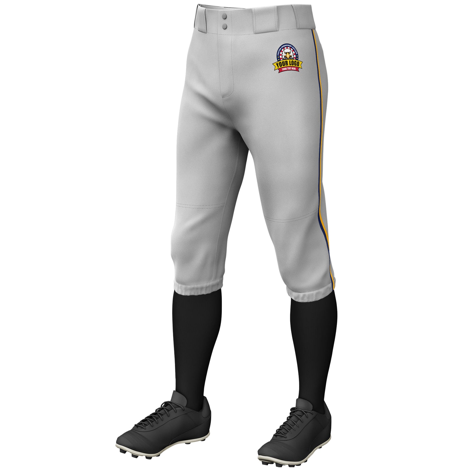 Custom Gray Navy-Yellow Classic Fit Stretch Practice Knickers Baseball Pants