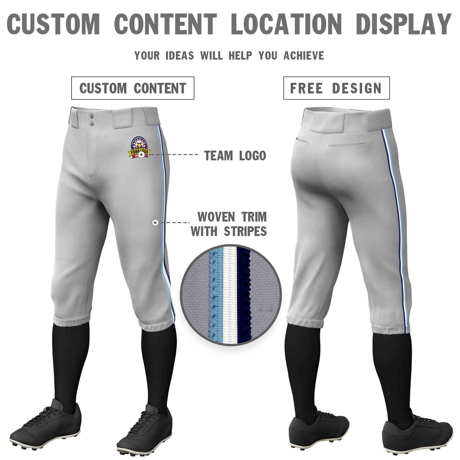 Custom Gray Light Blue White-Navy Classic Fit Stretch Practice Knickers Baseball Pants