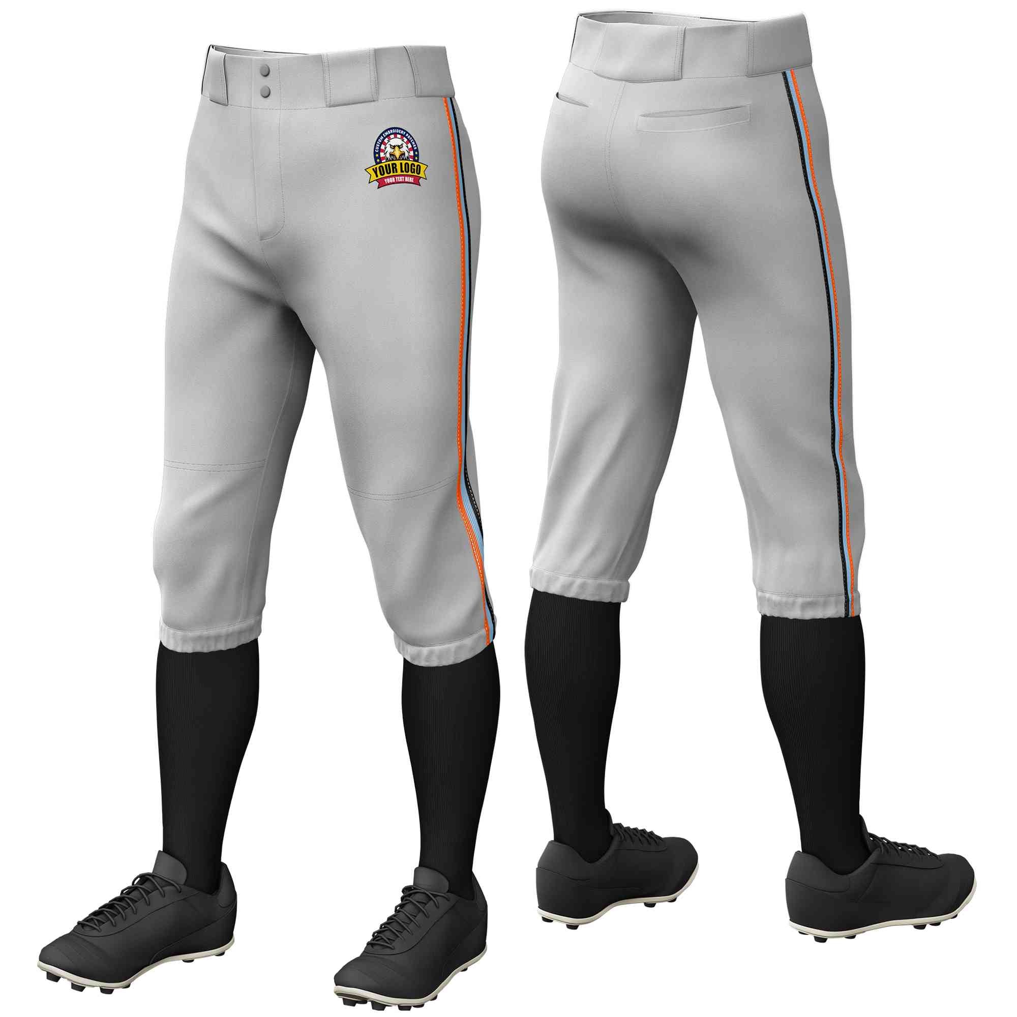 Custom Gray Orange Light Blue-Black Classic Fit Stretch Practice Knickers Baseball Pants
