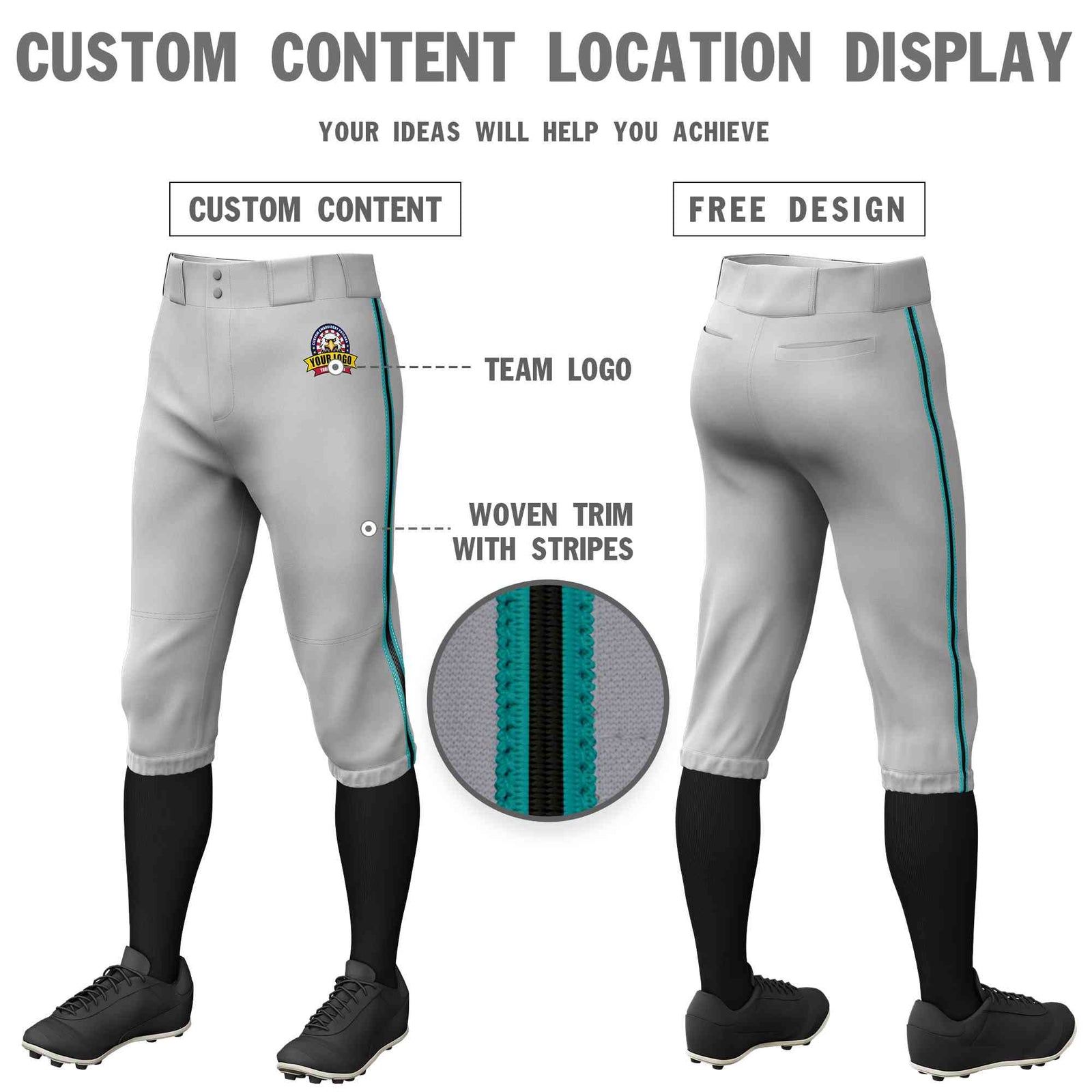 Custom Gray Aqua Black-Aqua Classic Fit Stretch Practice Knickers Baseball Pants