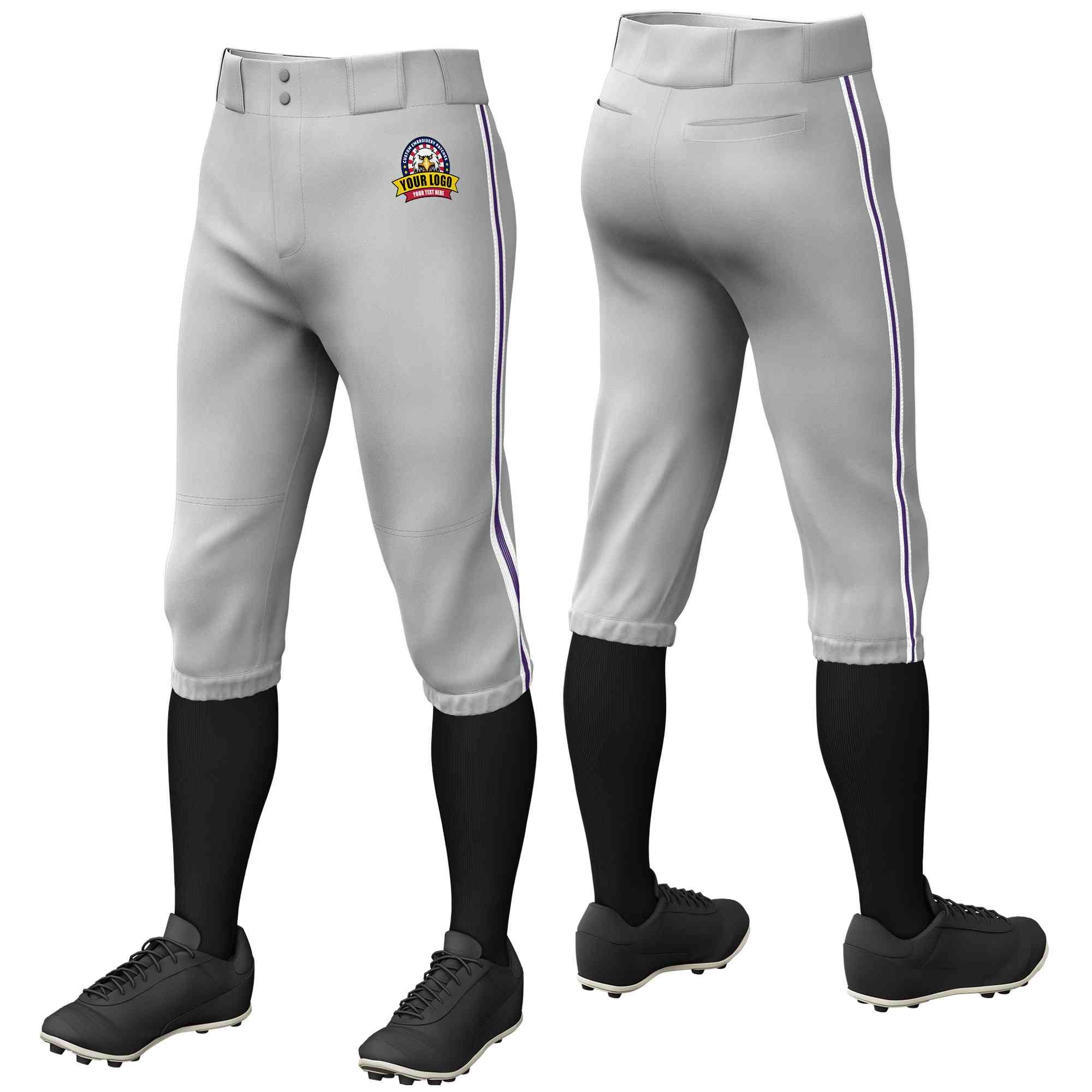 Custom Gray White Purple-White Classic Fit Stretch Practice Knickers Baseball Pants