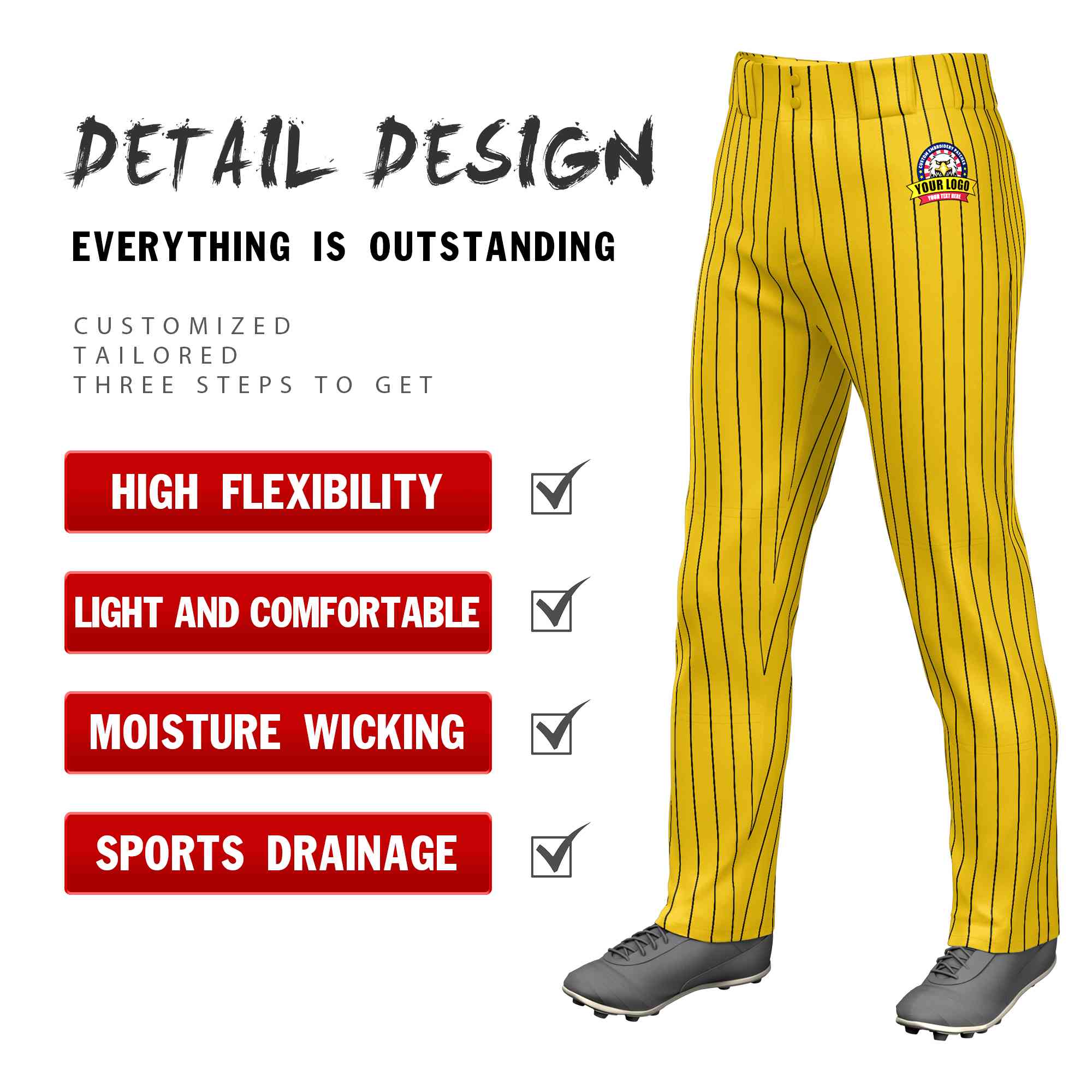Custom Yellow Black Pinstripe Fit Stretch Practice Loose-fit Baseball Pants