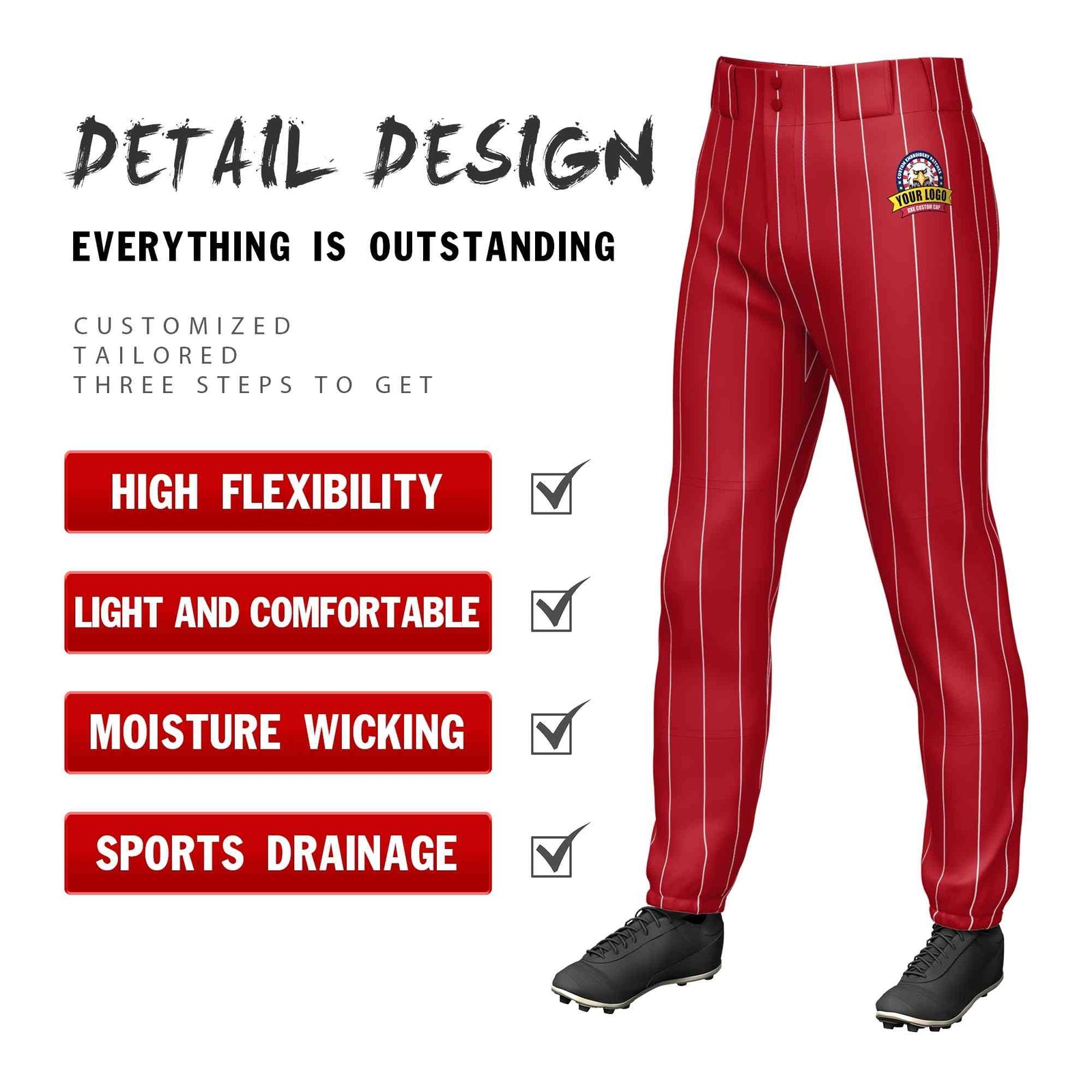 Custom Red White Pinstripe Fit Stretch Practice Pull-up Baseball Pants